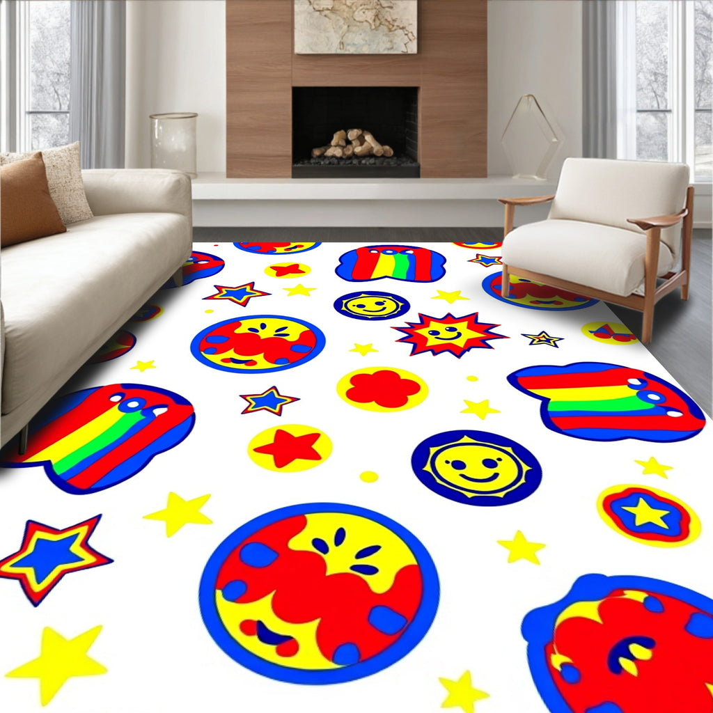 Playful Rainbow Star Smiley Faces Rug