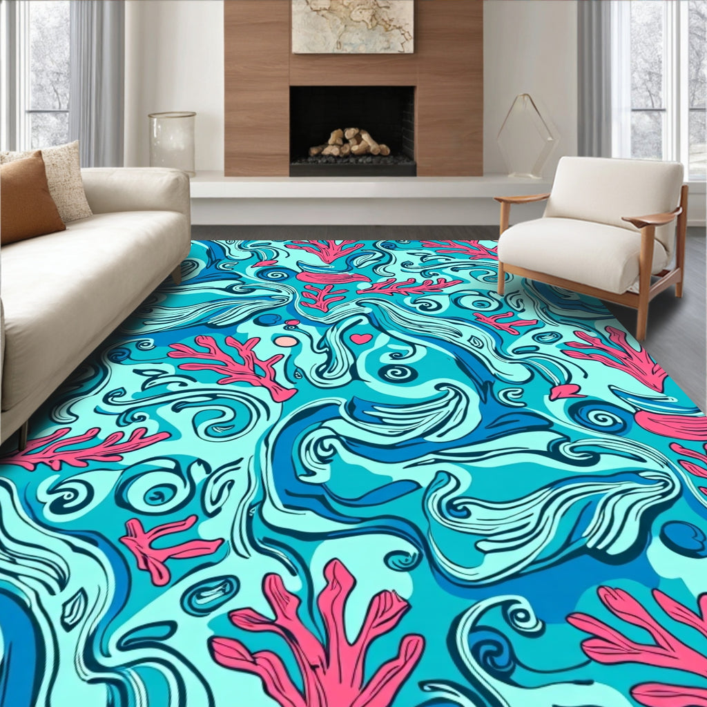 Aqua Coral Swirls Ocean Panorama Rug