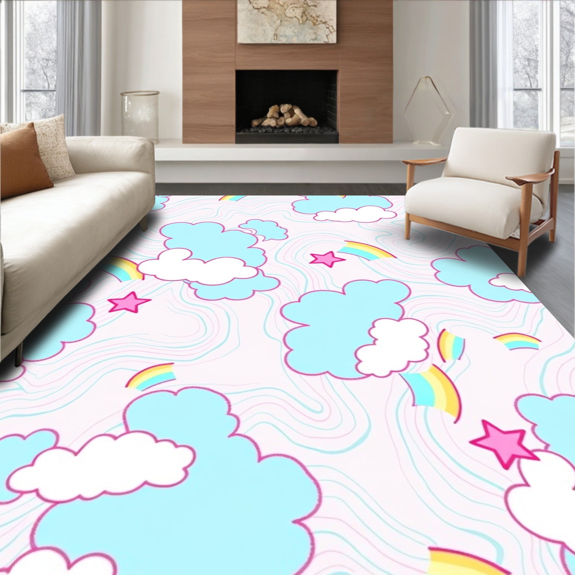 Pink Cloud Rainbow Star Whirls Rug