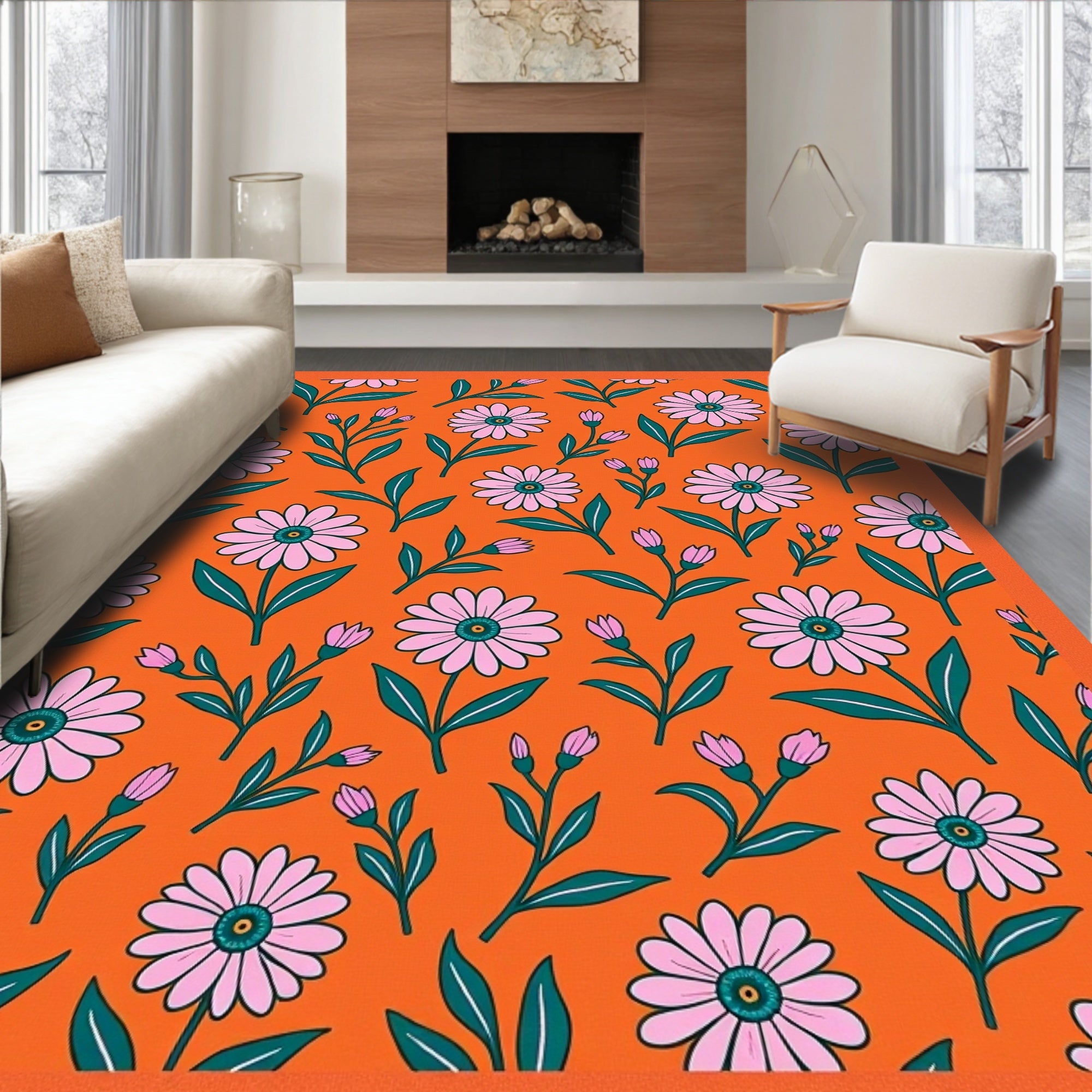 Vibrant Orange Pink Daisy Garden Rug