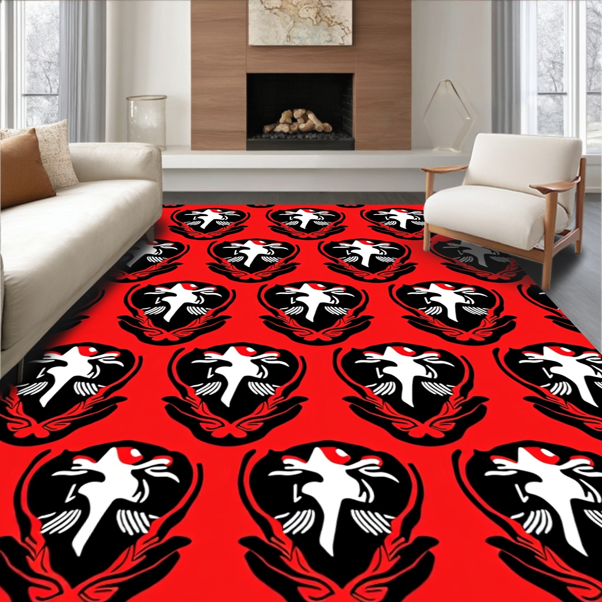Bold Red Crested Creature Emblem Rug