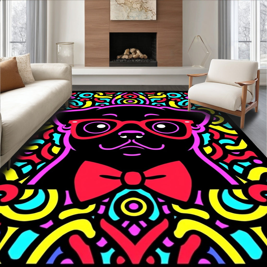 Vibrant Pug Portrait with Red Bowtie Rug