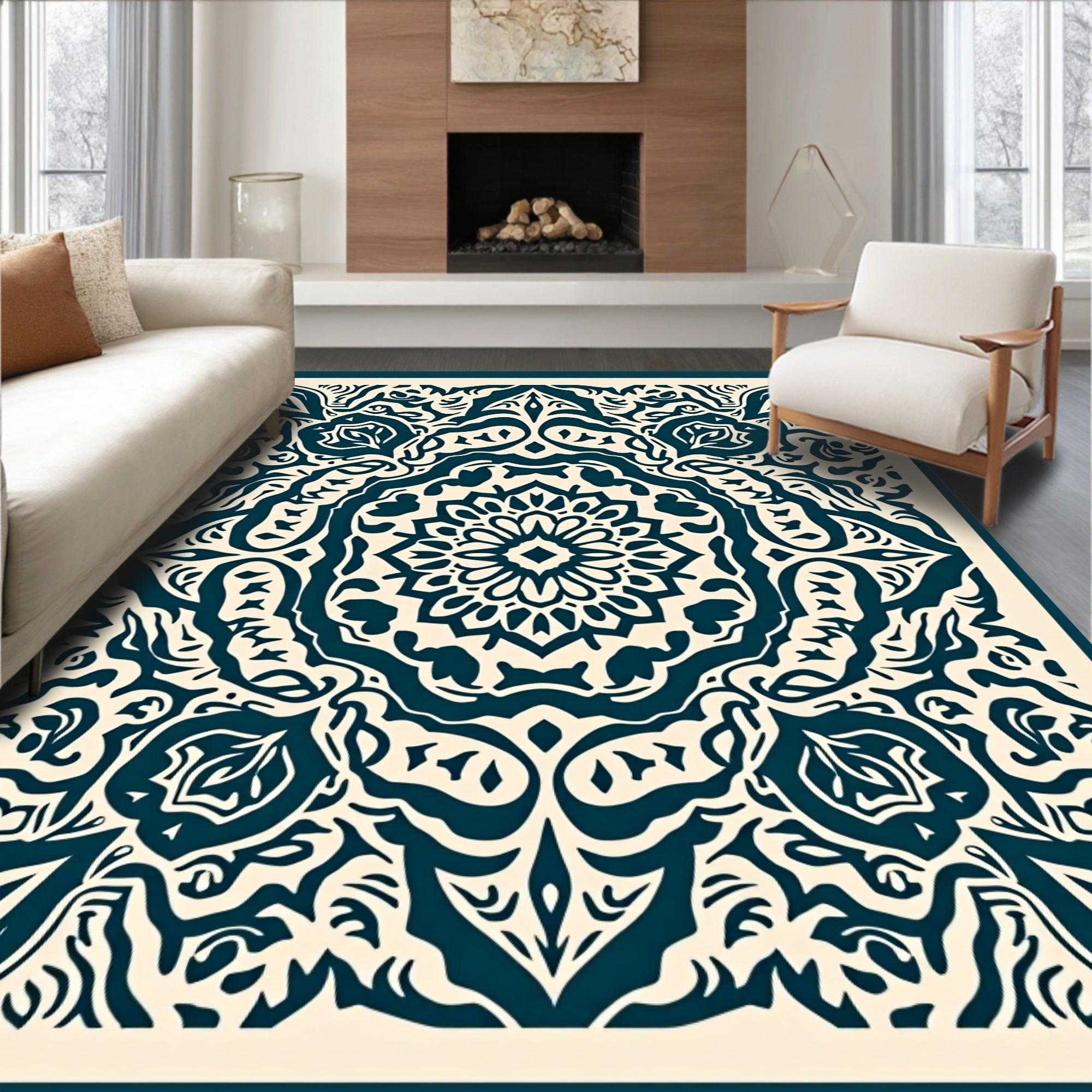 Cream Teal Floral Medallion Harmony Rug