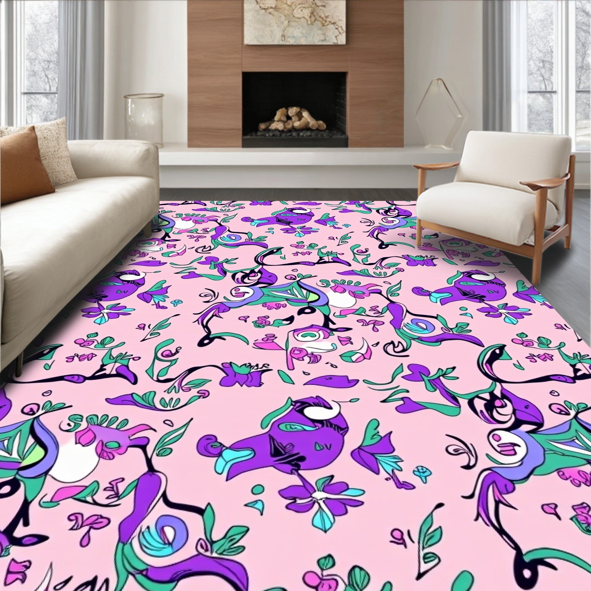 Whimsical Purple Abstract Floral Swirls Rug