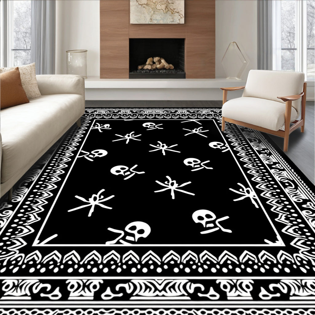 Black White Skull Spider Border Rug