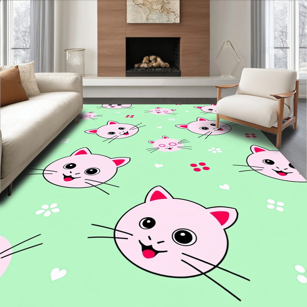 Cute Pink Kitten Faces Mint Background Rug