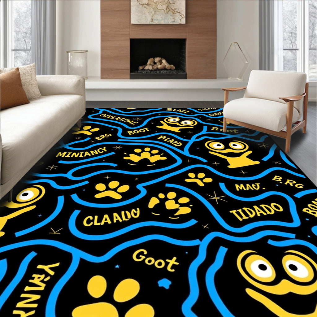 Whimsical Yellow Characters Blue Waves Rug