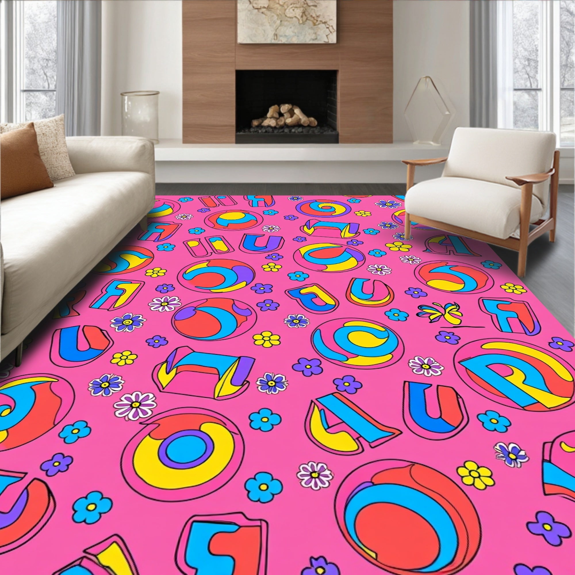 Vibrant Groovy Flower Butterfly Alphabet Rug
