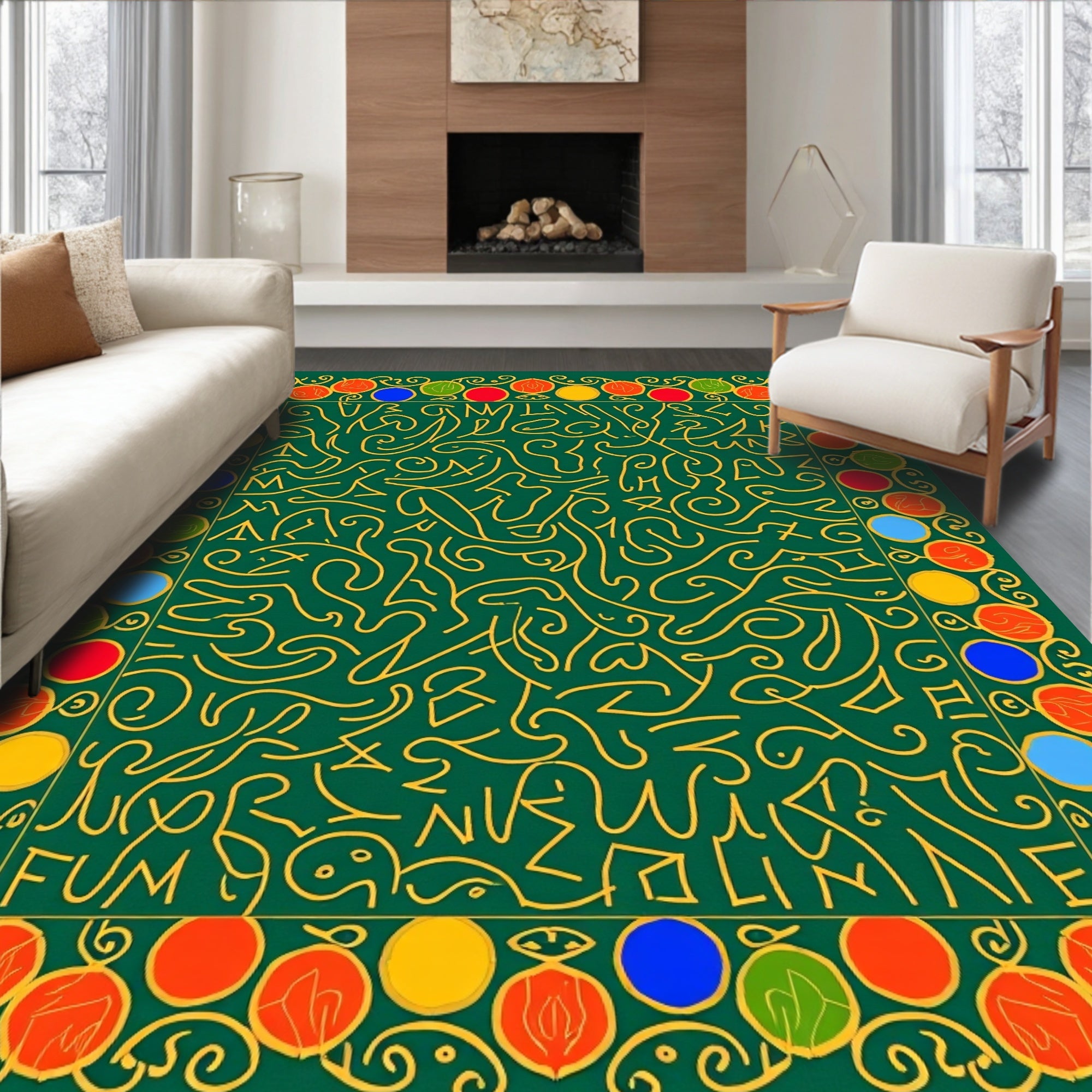 Green Yellow Abstract Bold Border Rug