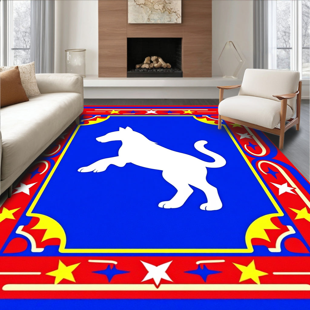 Red Blue White Dog Star Border Rug
