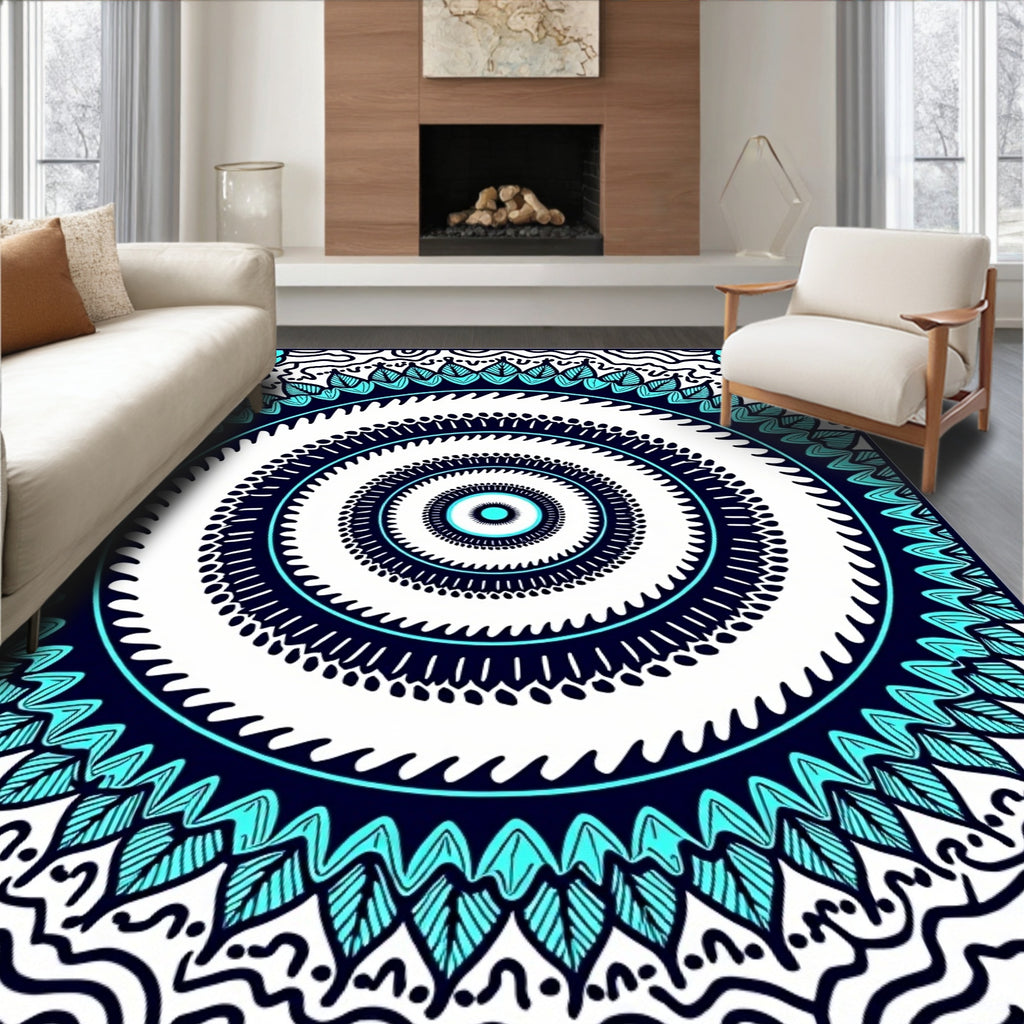 Deep Teal Concentric Mandala Bloom Rug