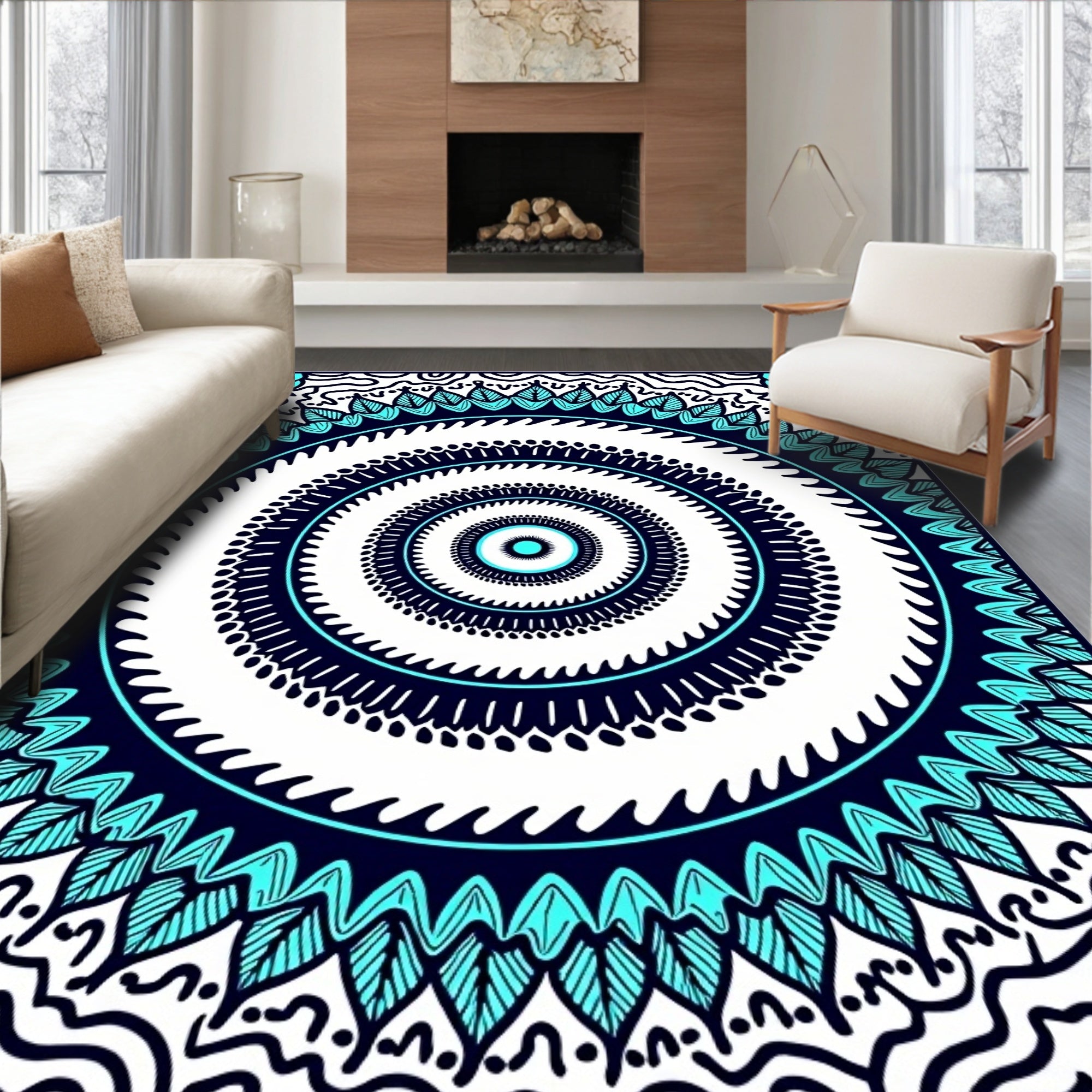 Deep Teal Concentric Mandala Bloom Rug