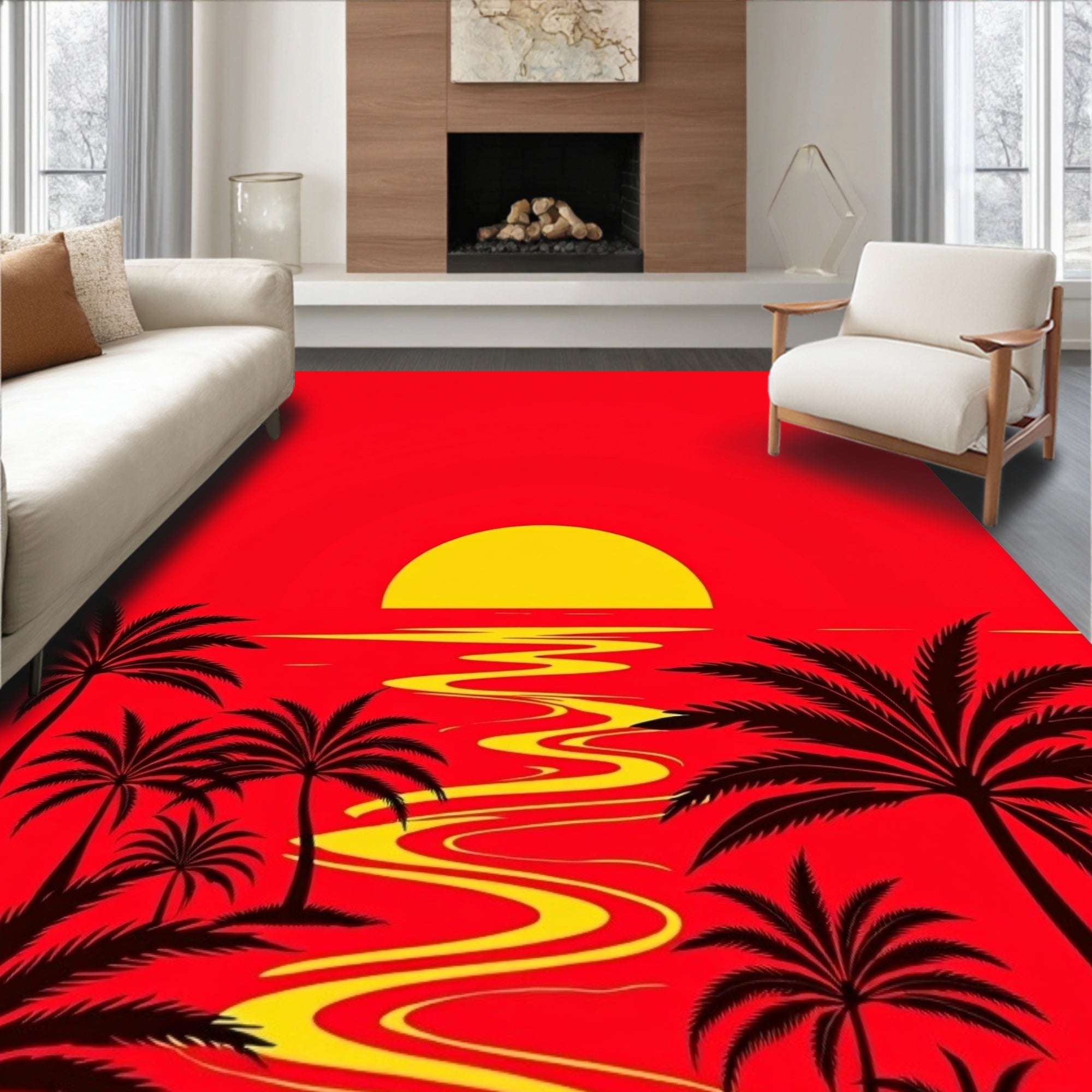 Dramatic Red Tropical Sunset Palms Rug