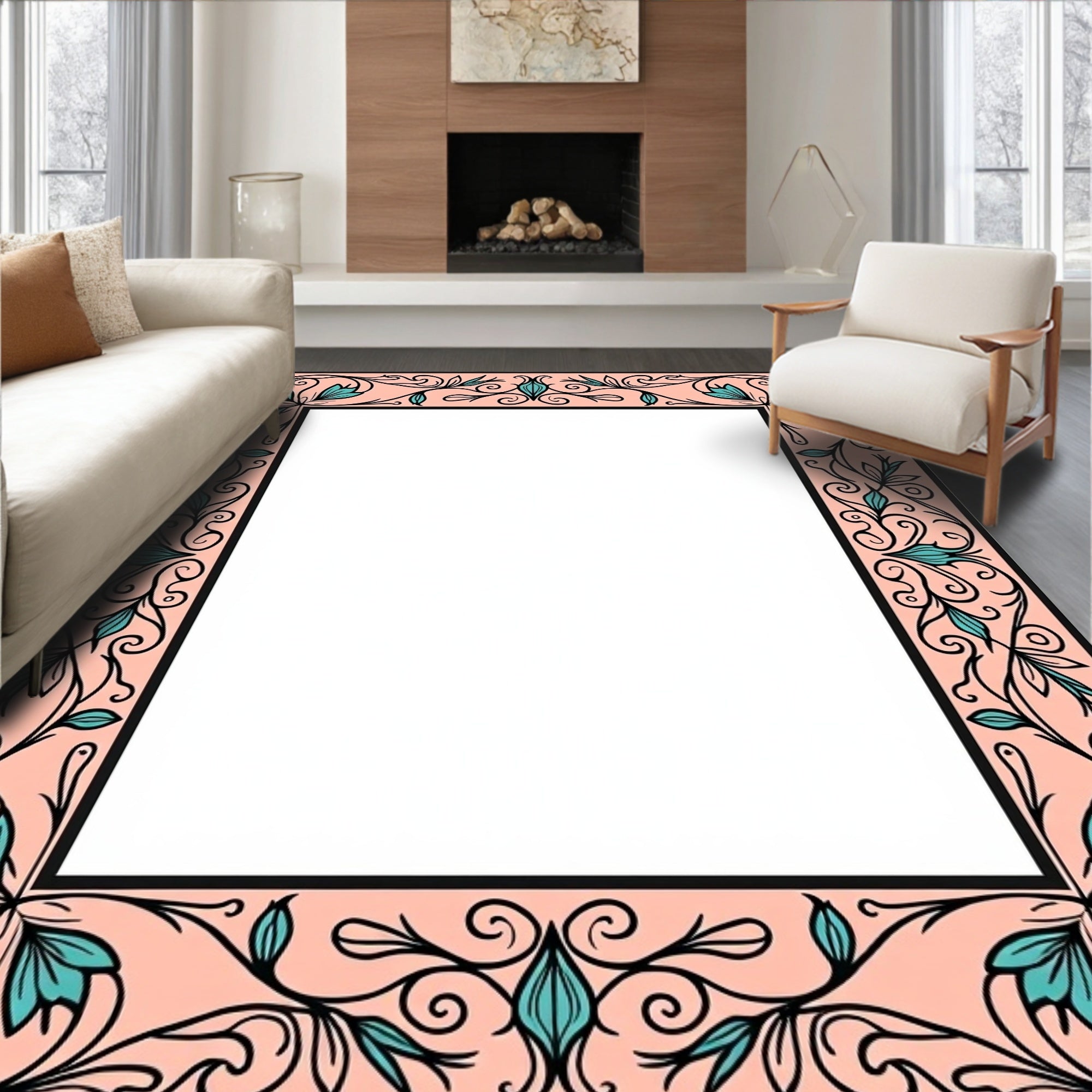 Pale Peach Floral Scrollwork Rug