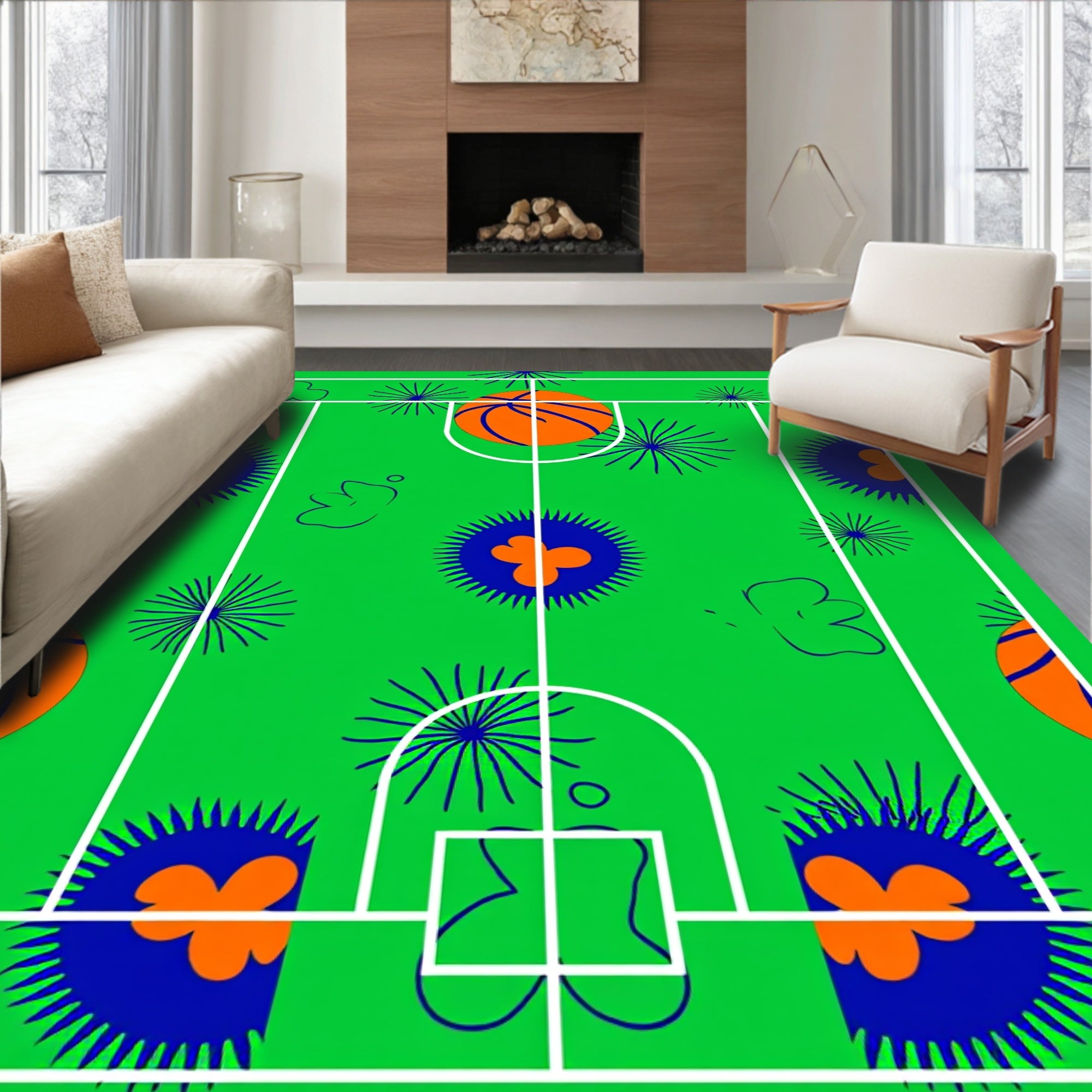 Green Court Orange Basketball Burst Rug