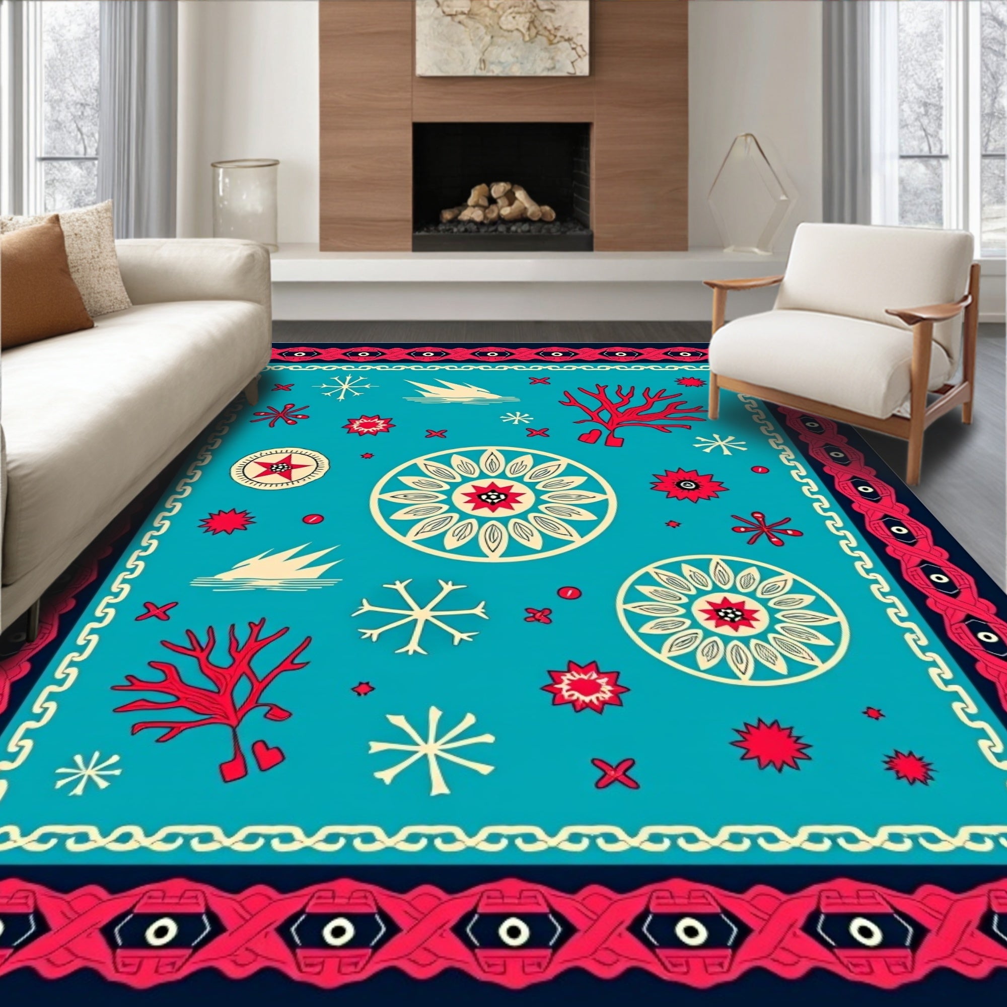 Coral Snowflakes In Deep Blue Rug