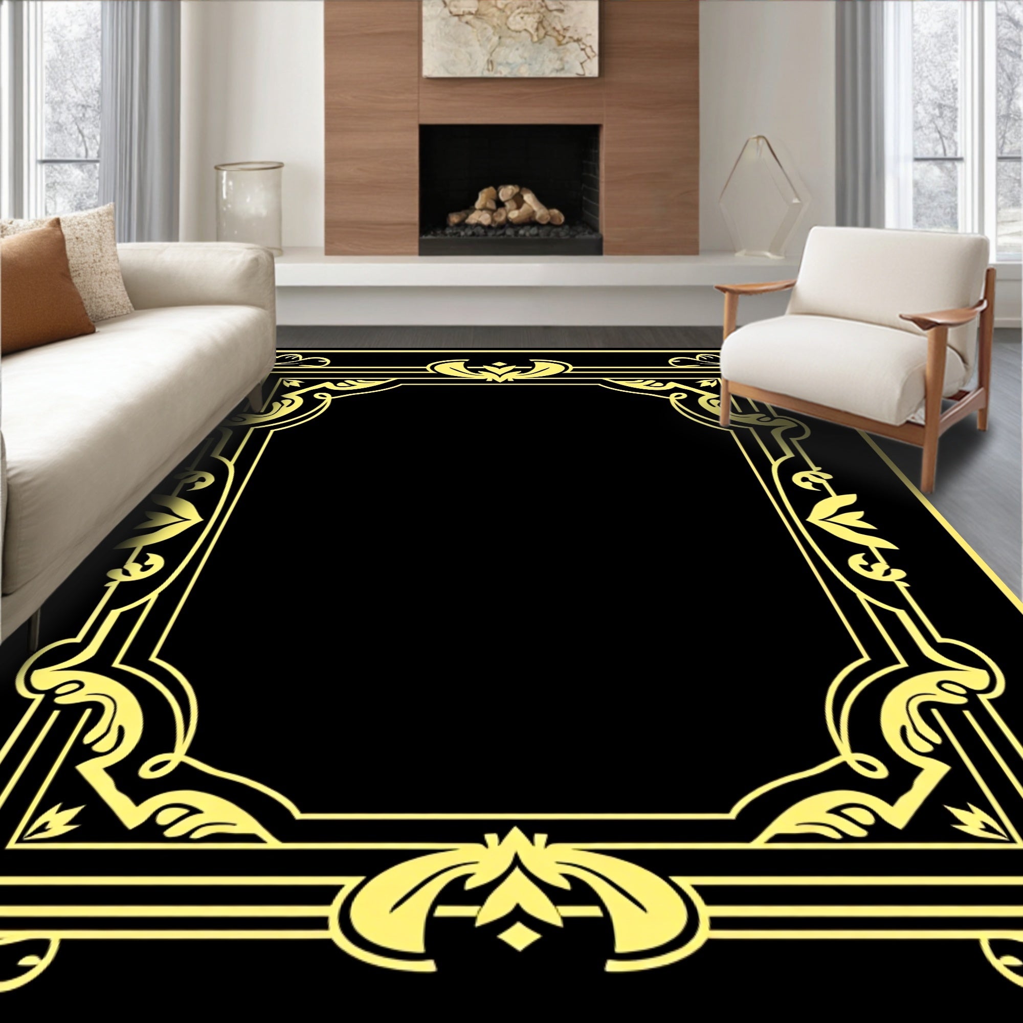 Golden Art Nouveau Floral Frame Rug