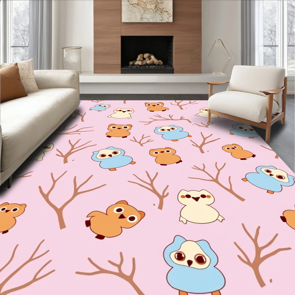 Cute Owl Forest Pink Background Rug