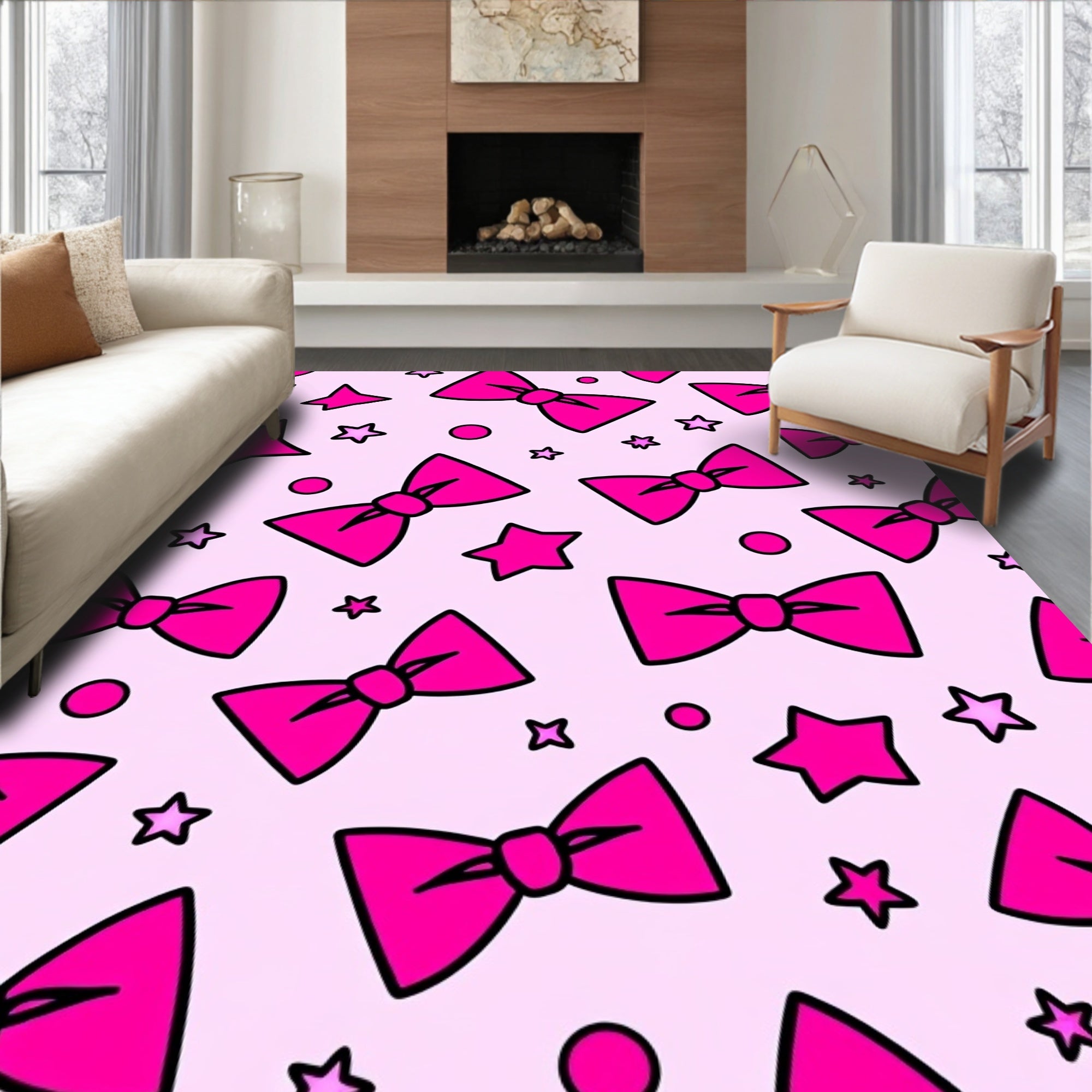 Hot Pink Bows Starry Light Pink Rug
