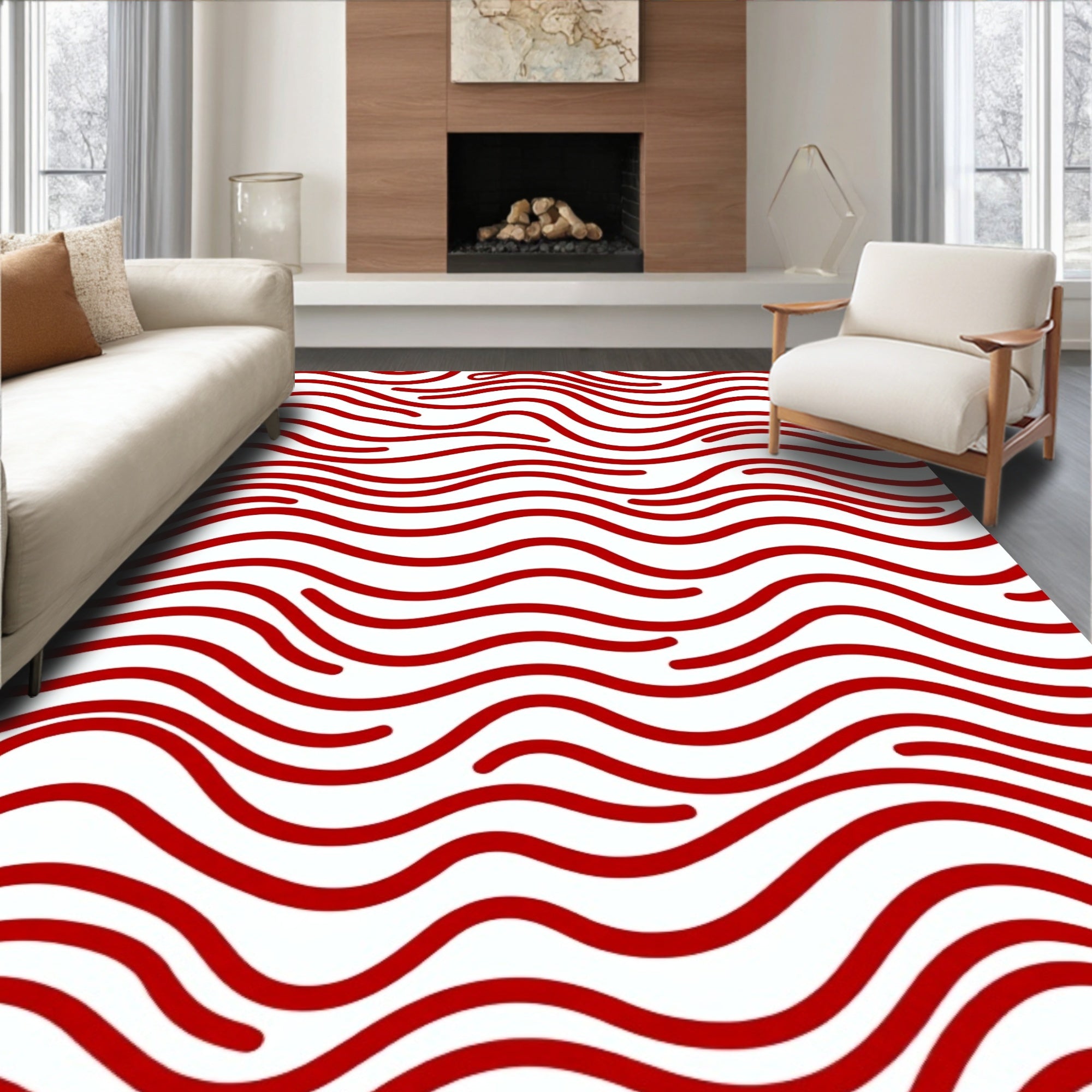 Bold Crimson Wavy Lines Rug