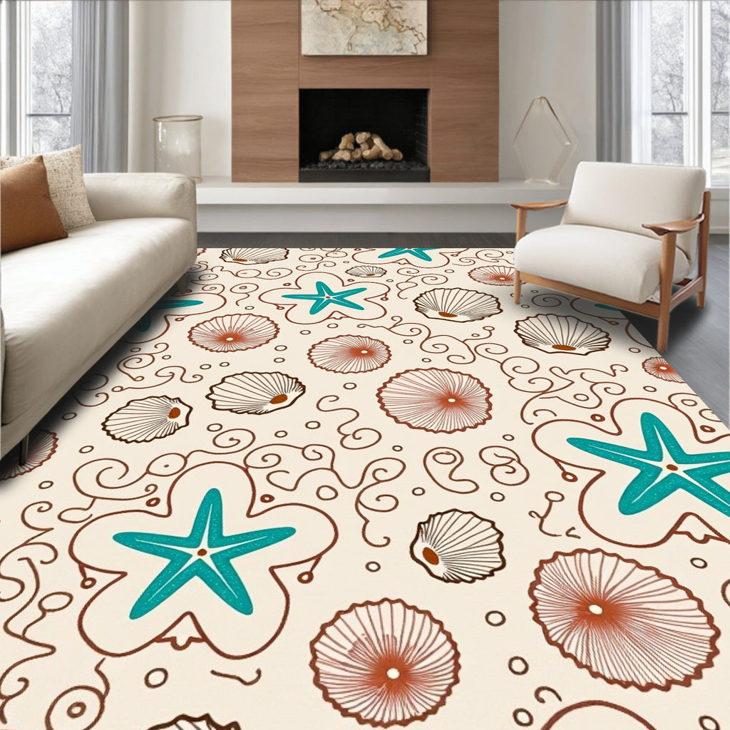 Coastal Teal Starfish Shell Scallop Swirls Rug
