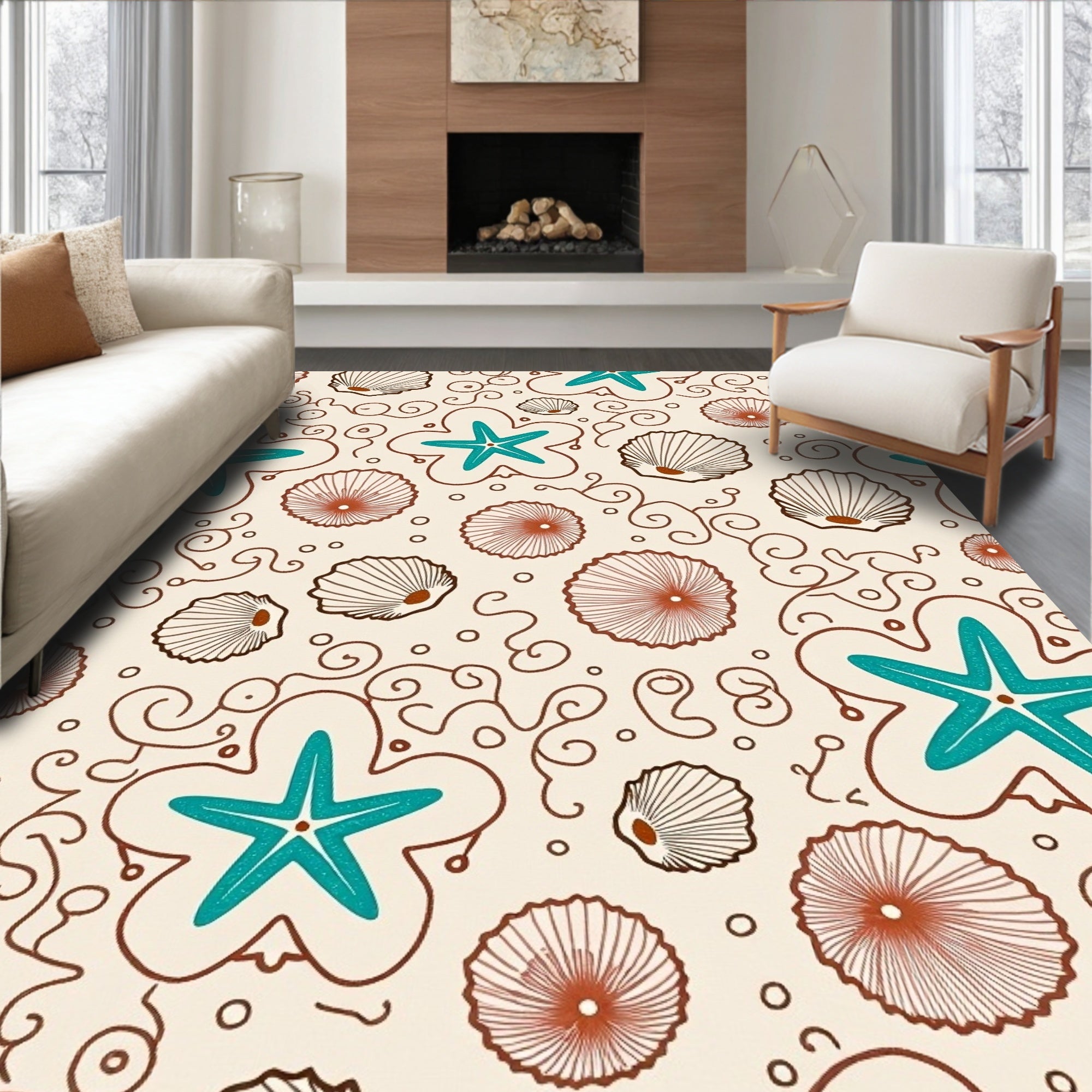 Coastal Teal Starfish Shell Scallop Swirls Rug