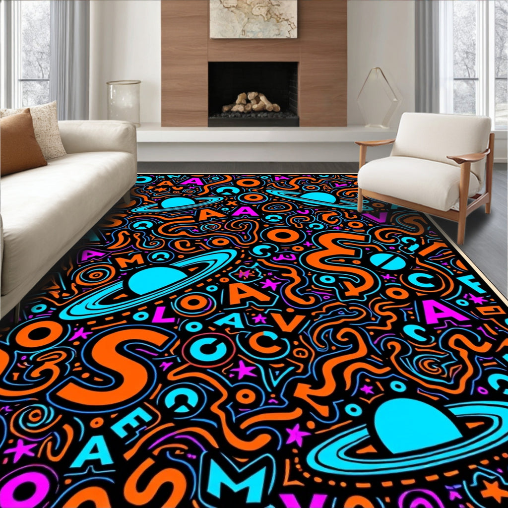 Cosmic Orange Blue Alphabet Galaxy Rug