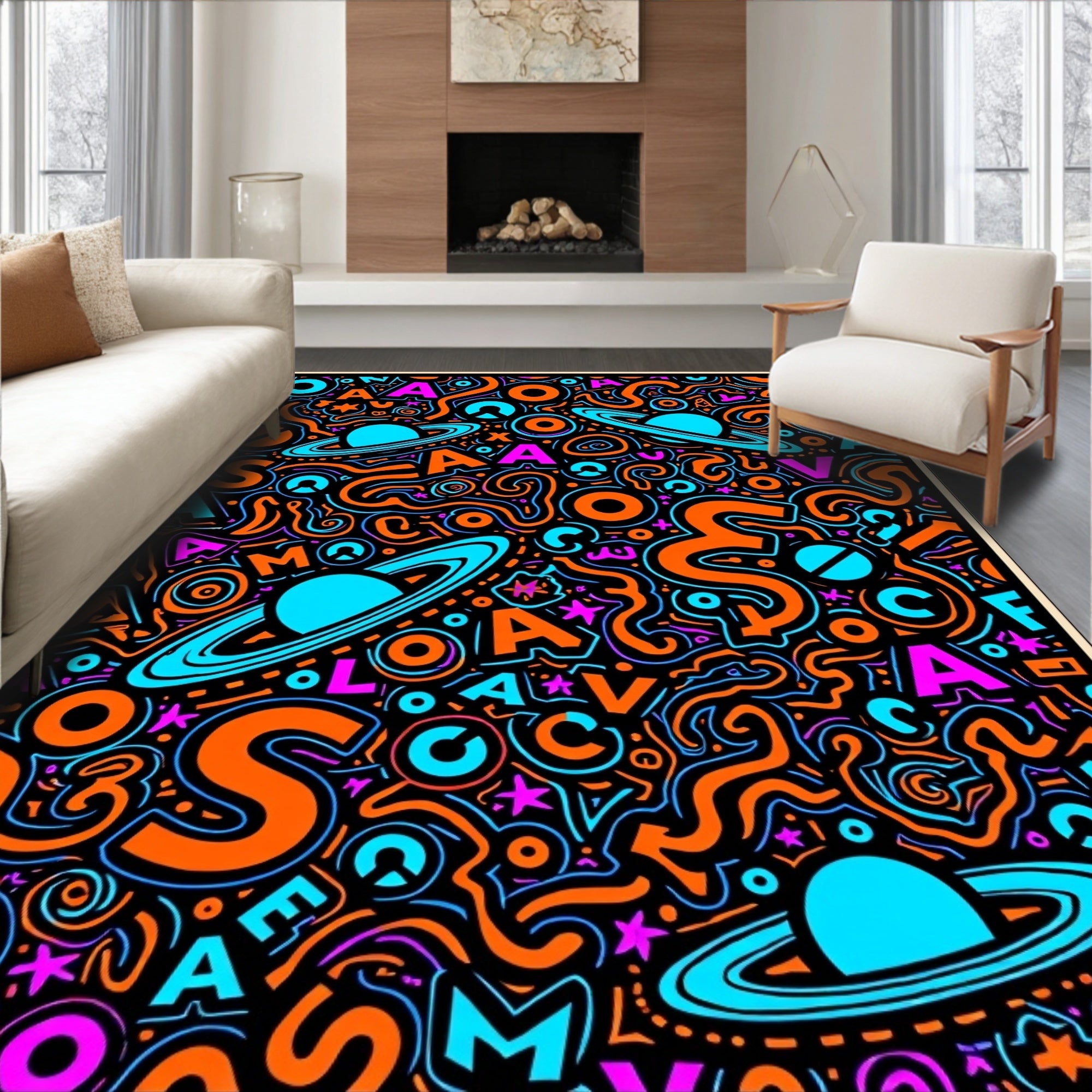 Cosmic Orange Blue Alphabet Galaxy Rug