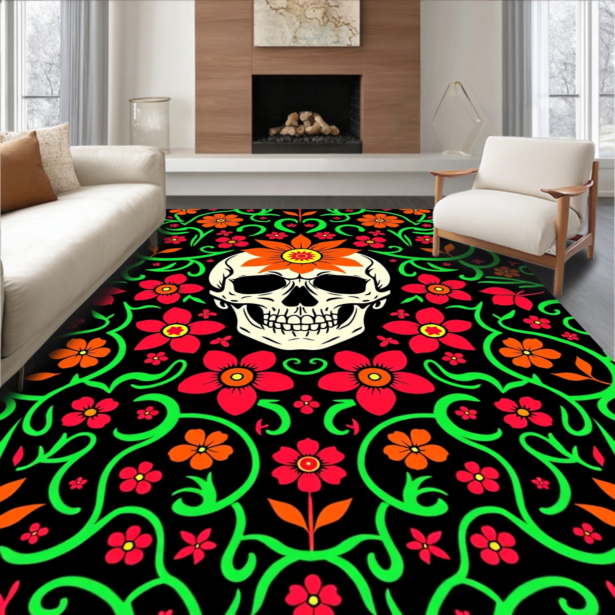 Vibrant Skull Floral Vine Statement Rug