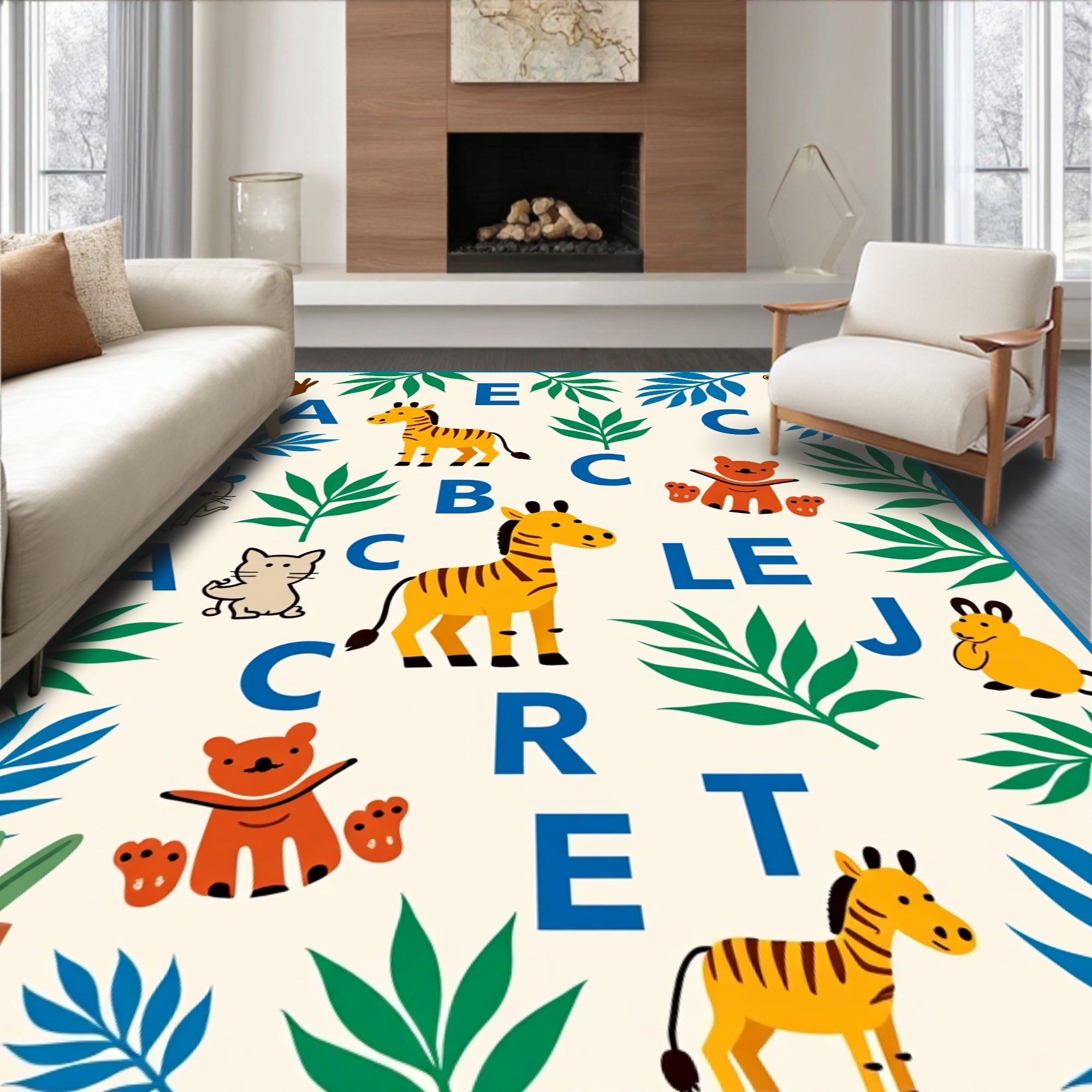 Jungle Alphabet Animals Botanical Whimsy Rug