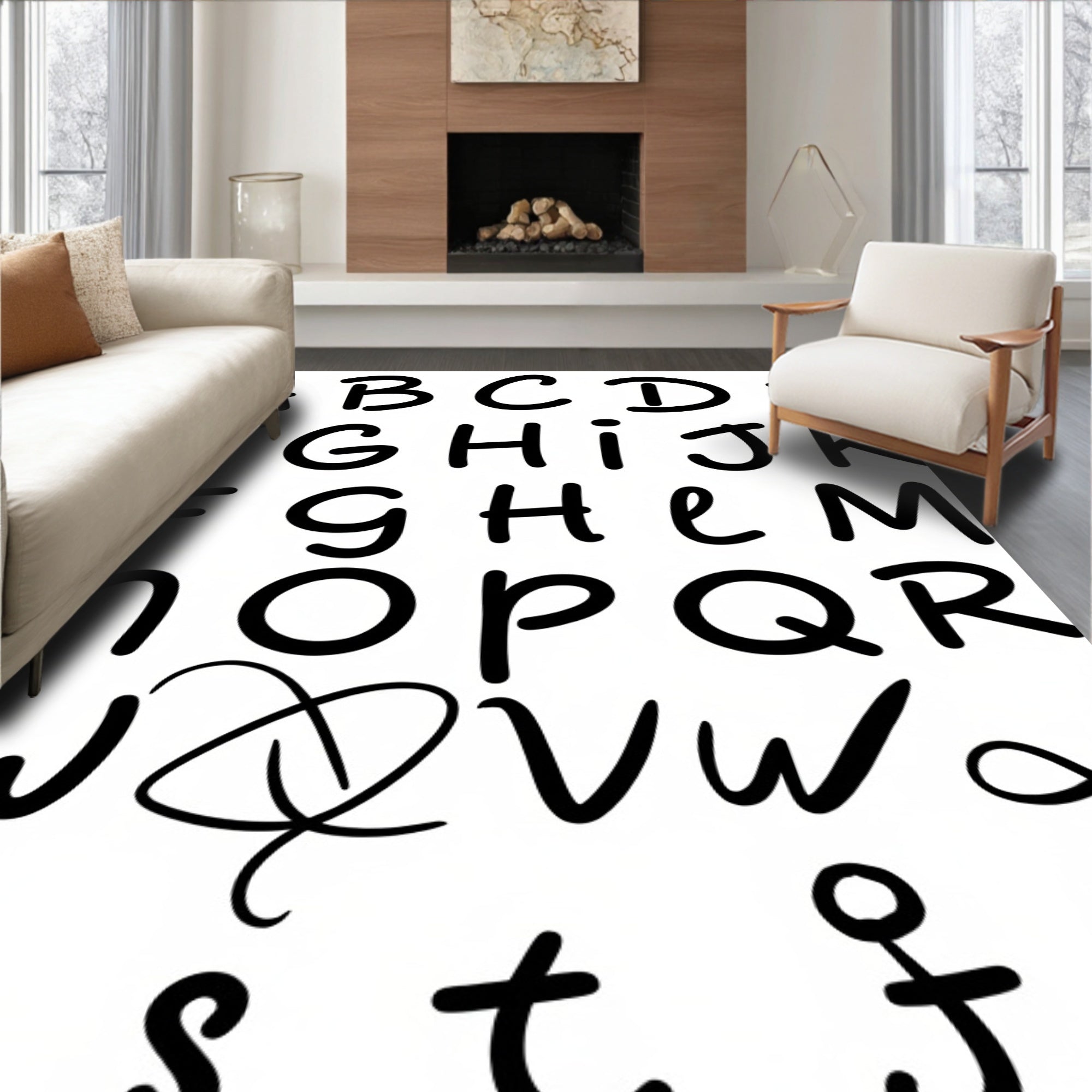 Bold Black Alphabet Brush Strokes Rug