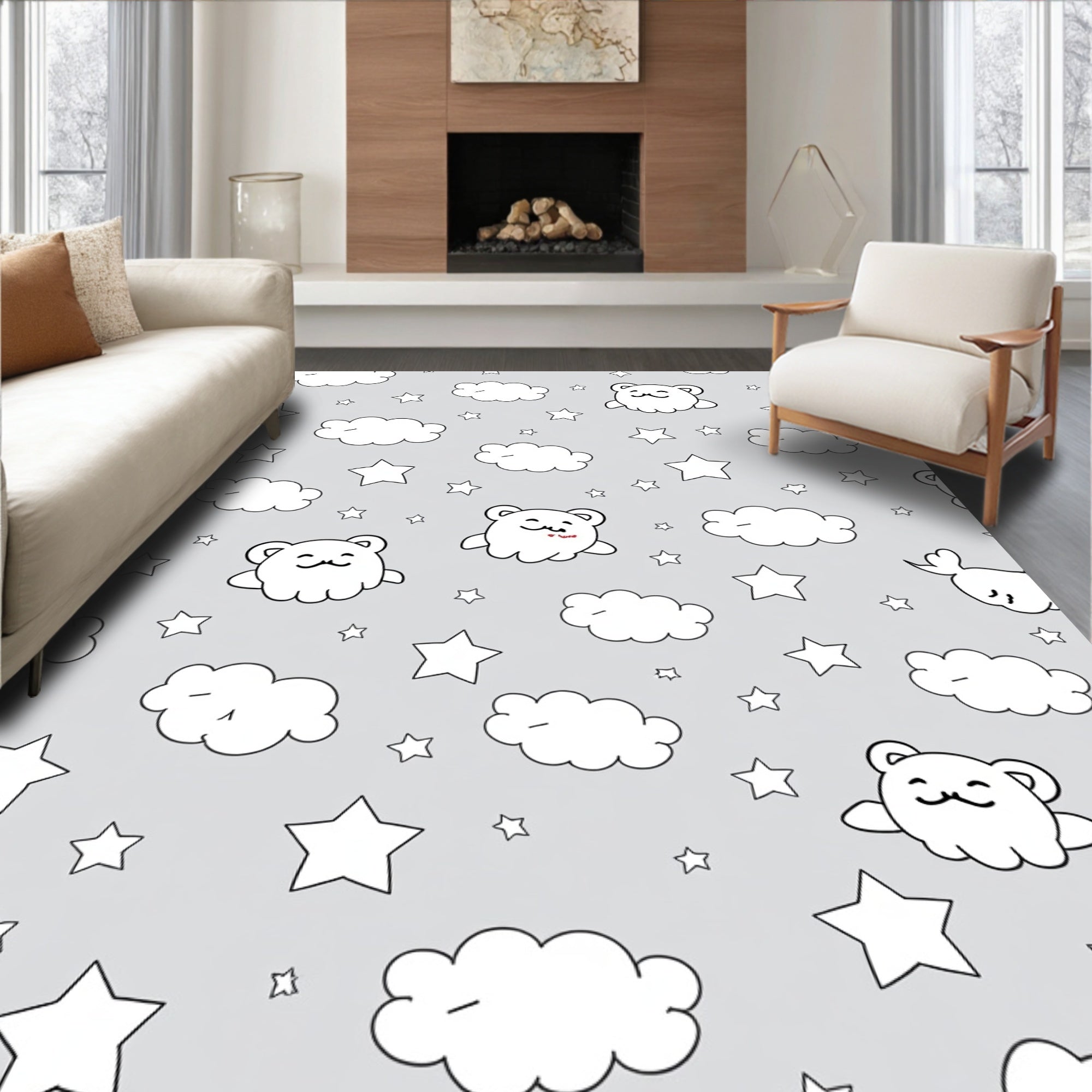 Cute Cloud Bear Starry Night Gray Rug