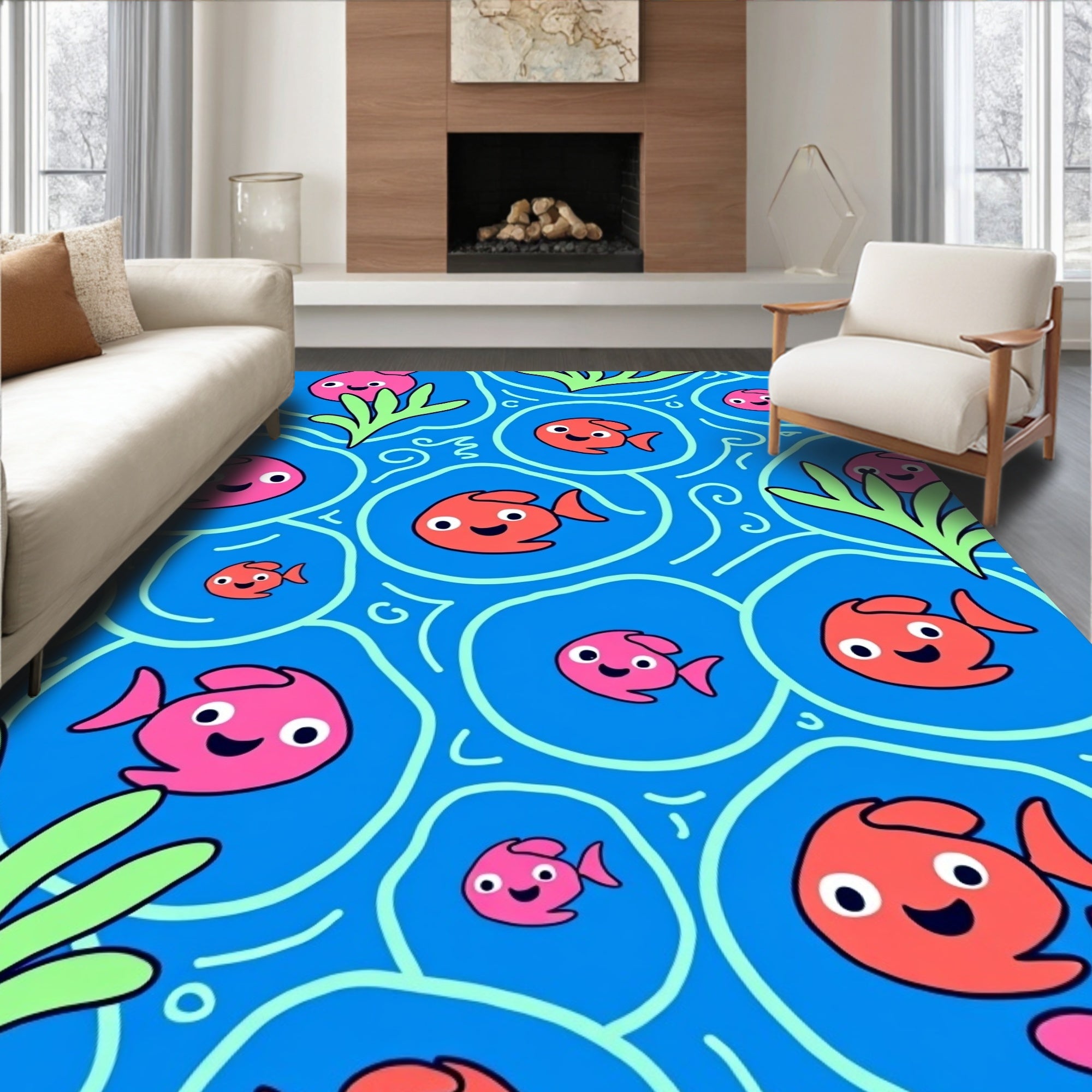 Cute Coral Pink Fish Blue Water Rug