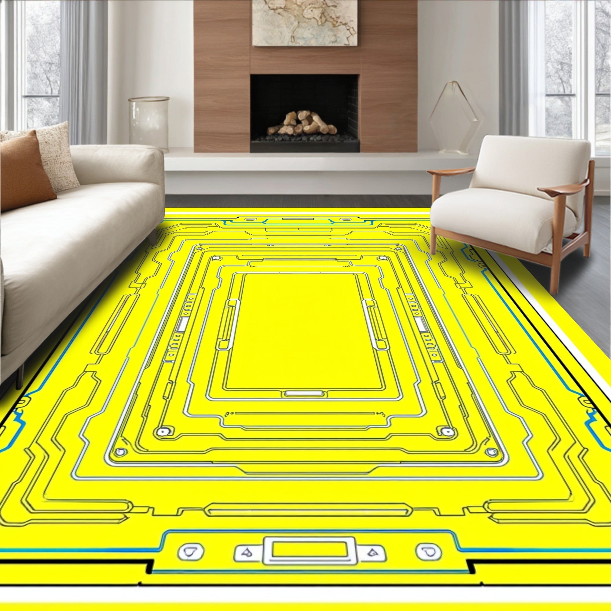 Futuristic Yellow Circuit Board Rectangle Rug