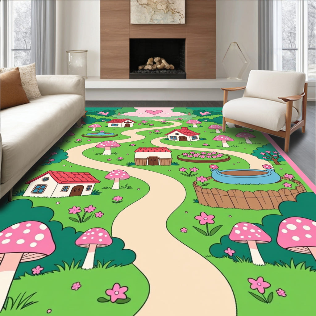 Whimsical Pink Mushroom Village Pathway Rug