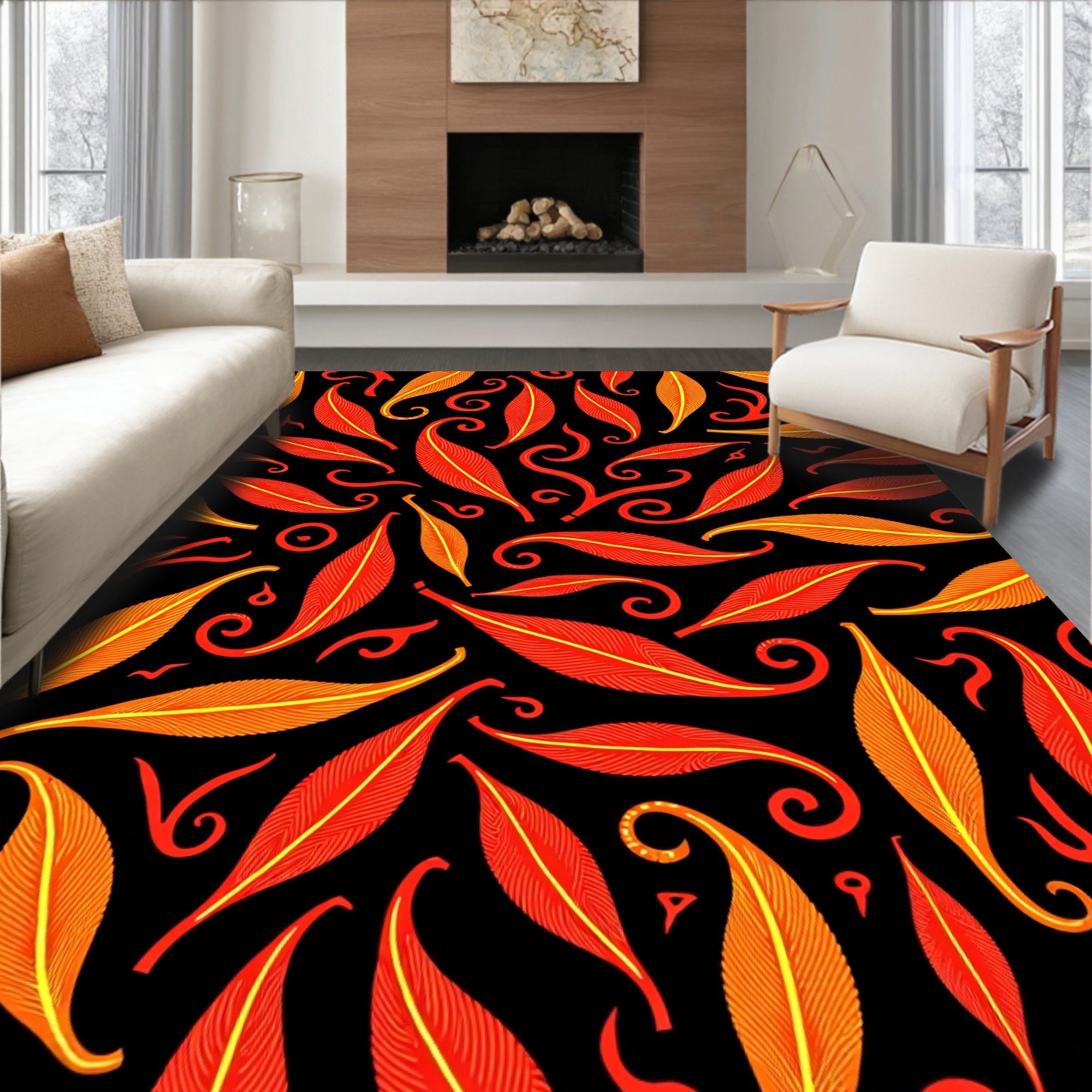 Fiery Red Orange Feathered Swirls Rug