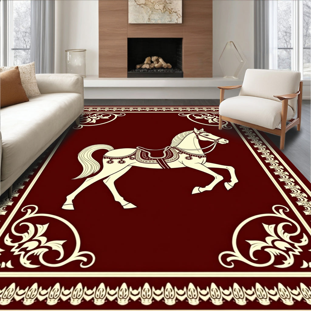 Burgundy Horse Decorative Border Rug