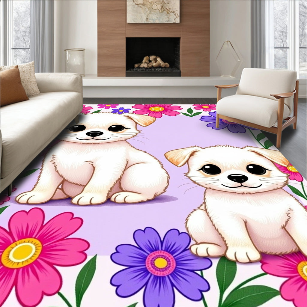 Cute Puppies Pink Purple Floral Border Rug