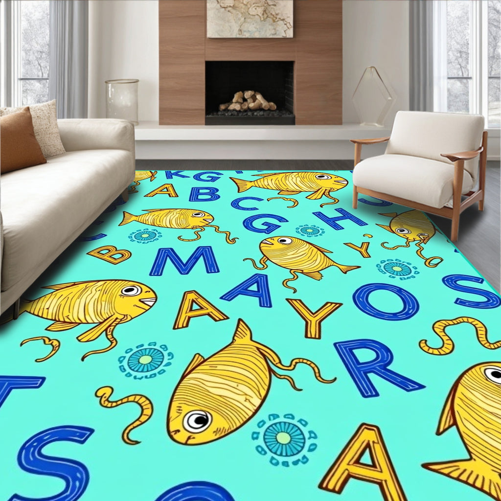 Yellow Whimsical Fish Alphabet Aqua Rug