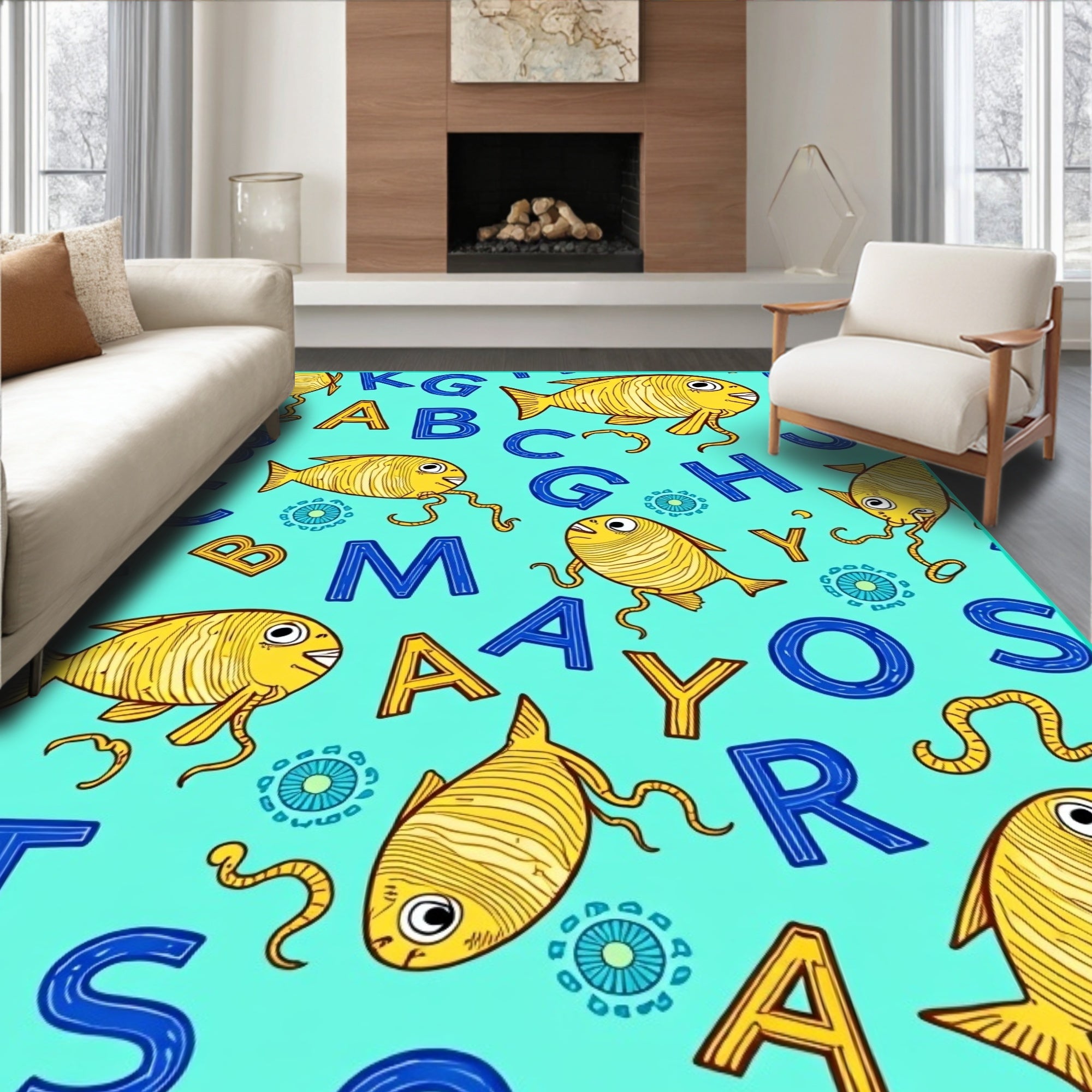 Yellow Whimsical Fish Alphabet Aqua Rug