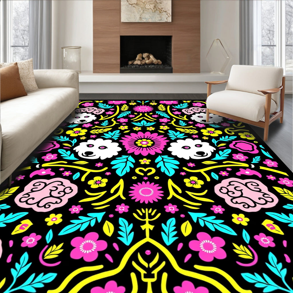 Whimsical pink dog floral art Rug