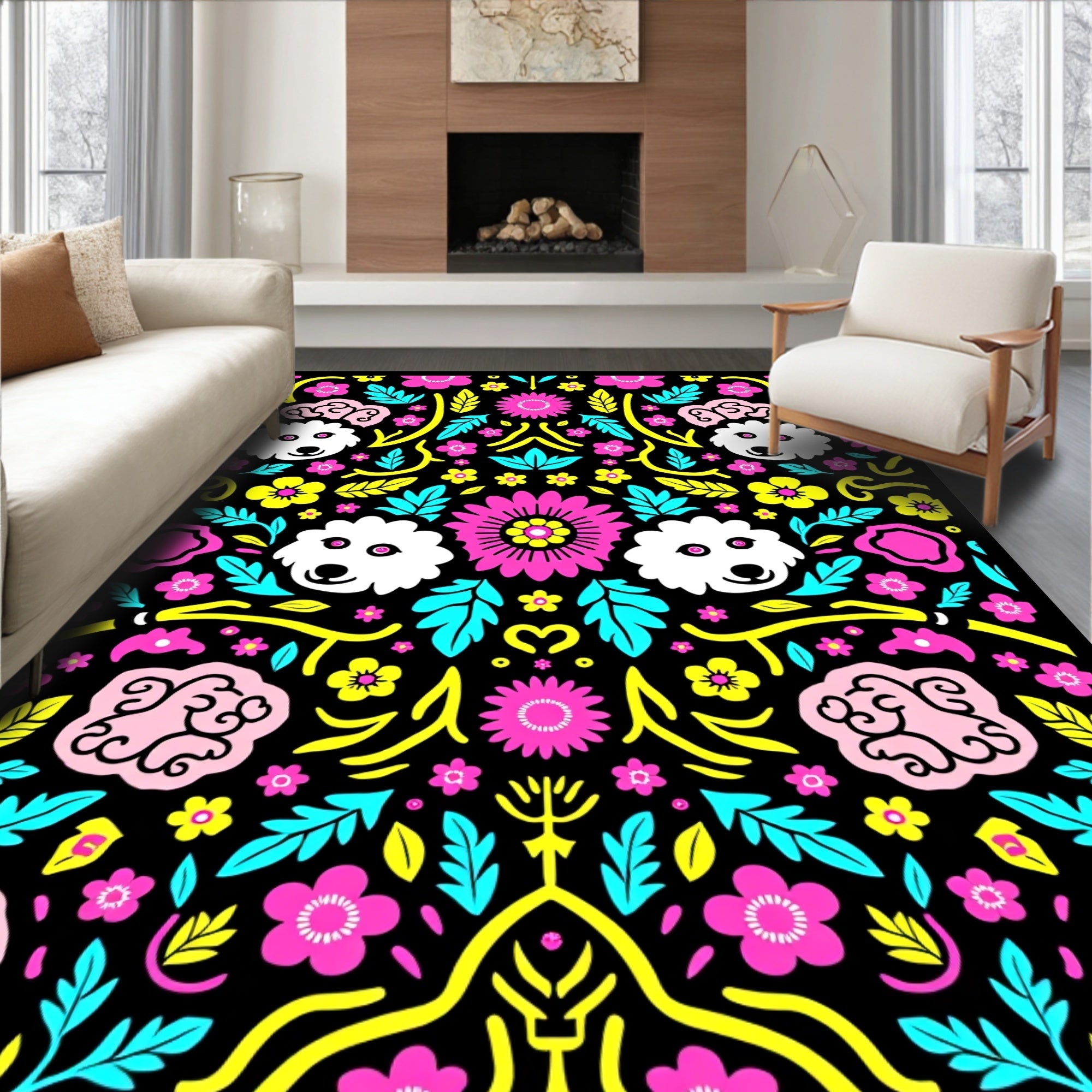 Whimsical pink dog floral art Rug