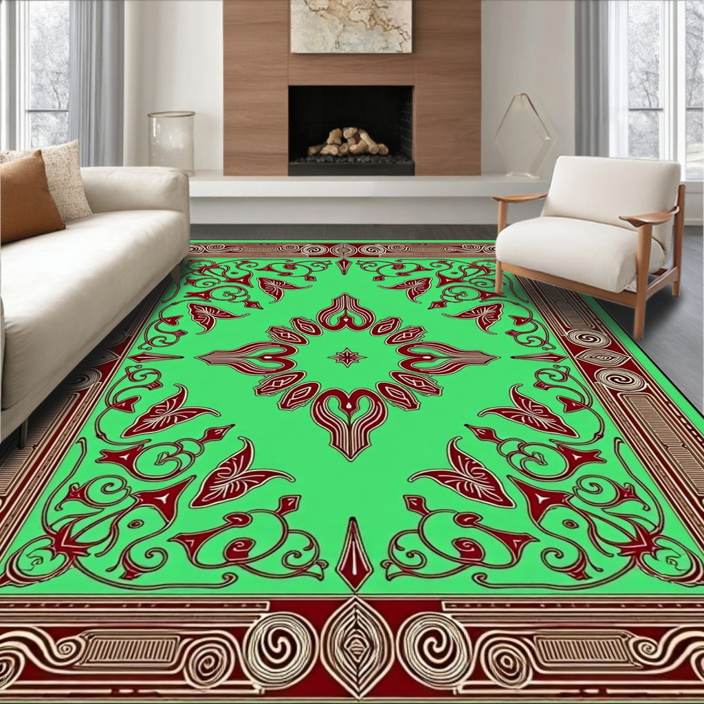 Emerald Green Ornate Scrollwork Medallion Rug