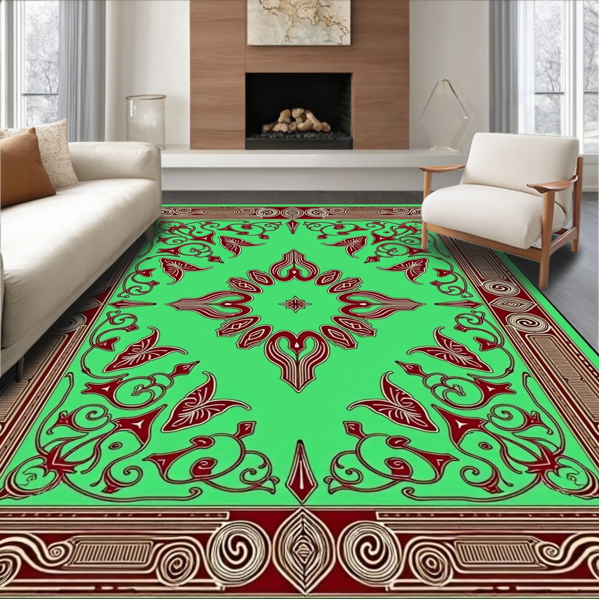 Emerald Green Ornate Scrollwork Medallion Rug