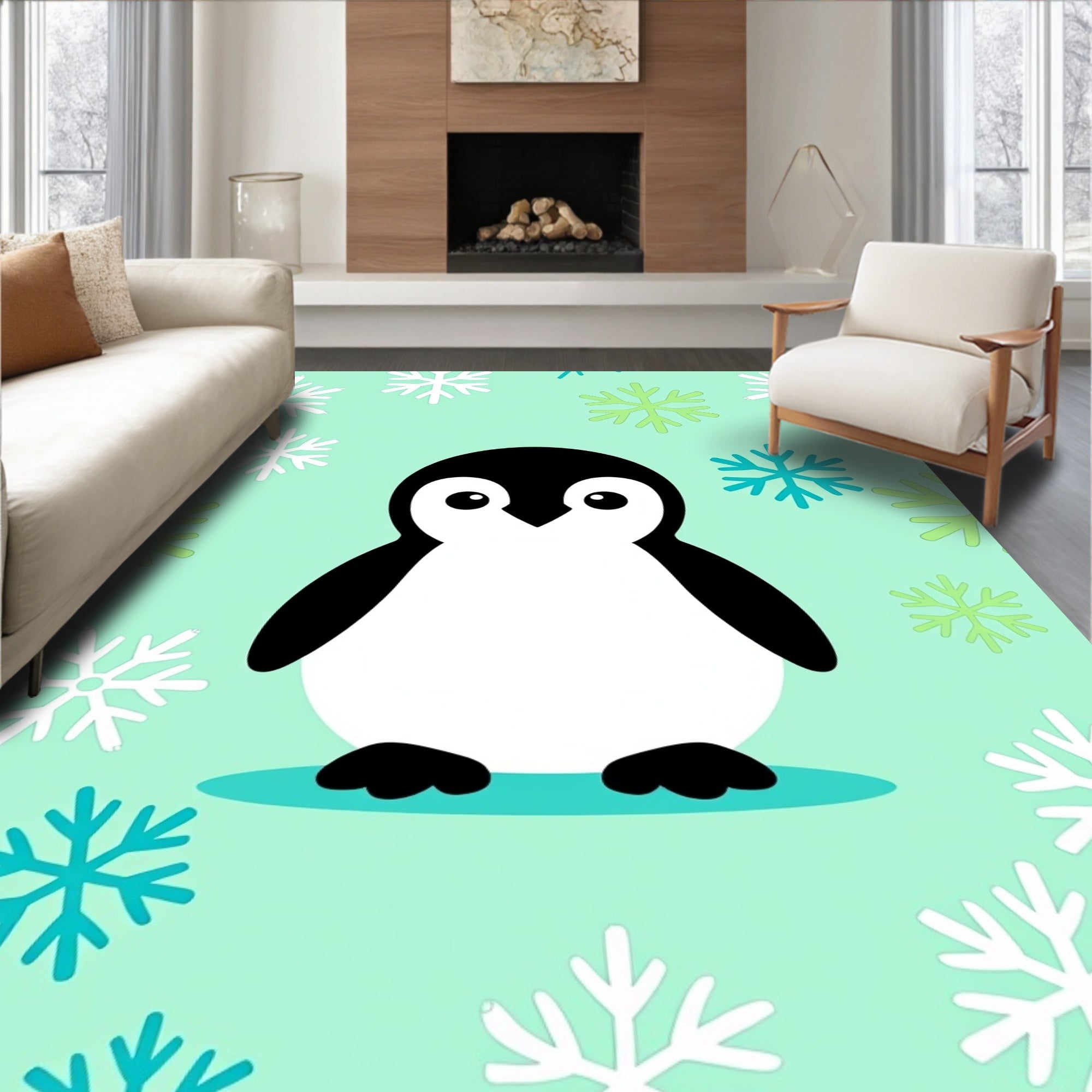 Cute Penguin Snowflakes Mint Aqua Rug