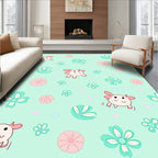 Cute Pink Cow Floral Mint Background Rug