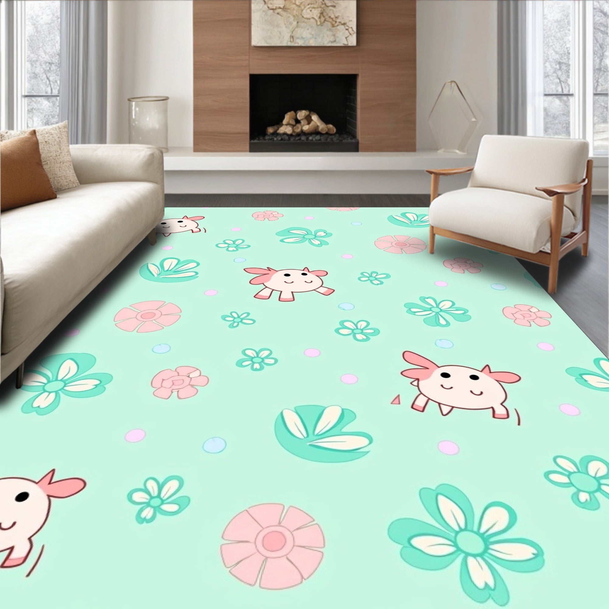 Cute Pink Cow Floral Mint Background Rug