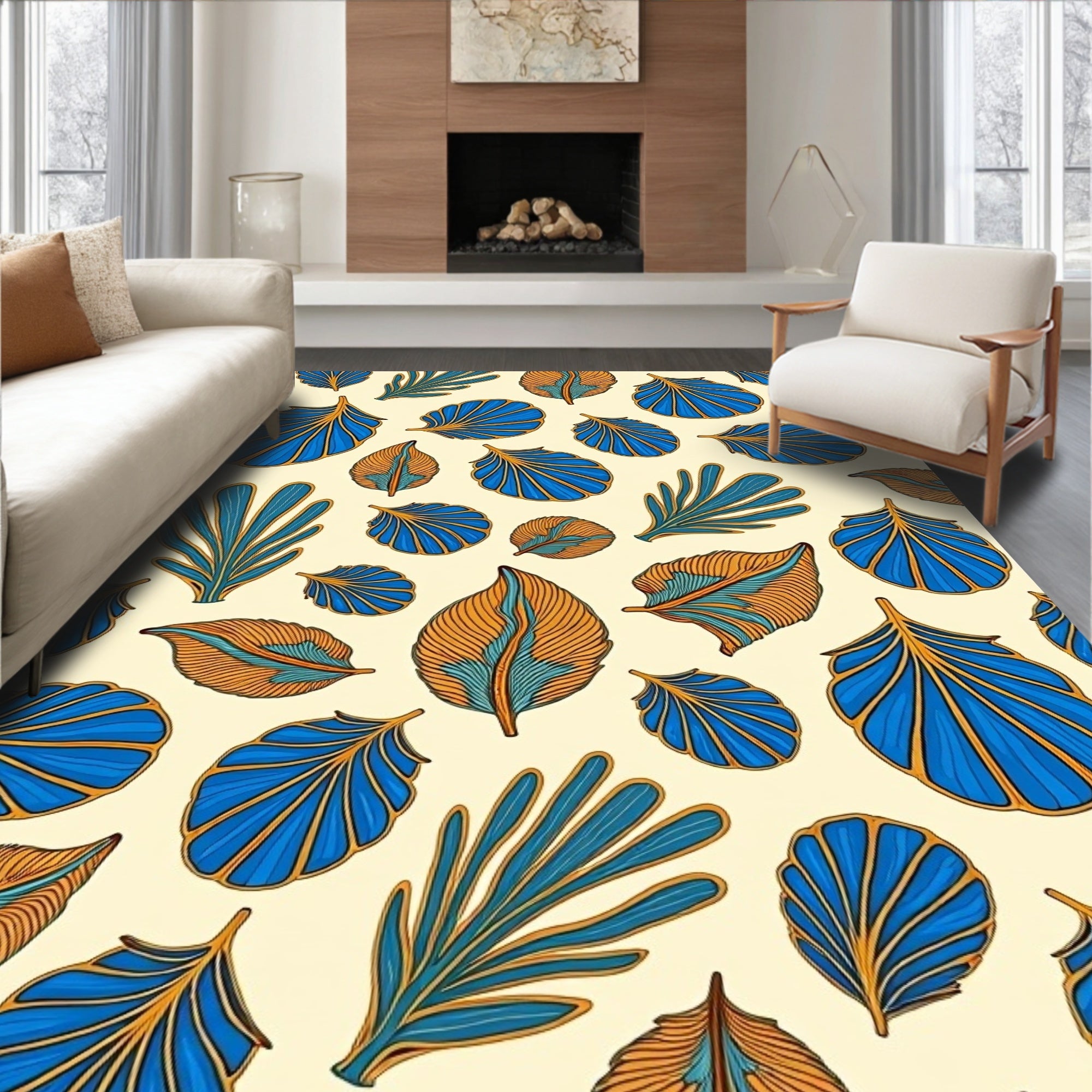 Bold Blue Orange Leaf Scatter Rug