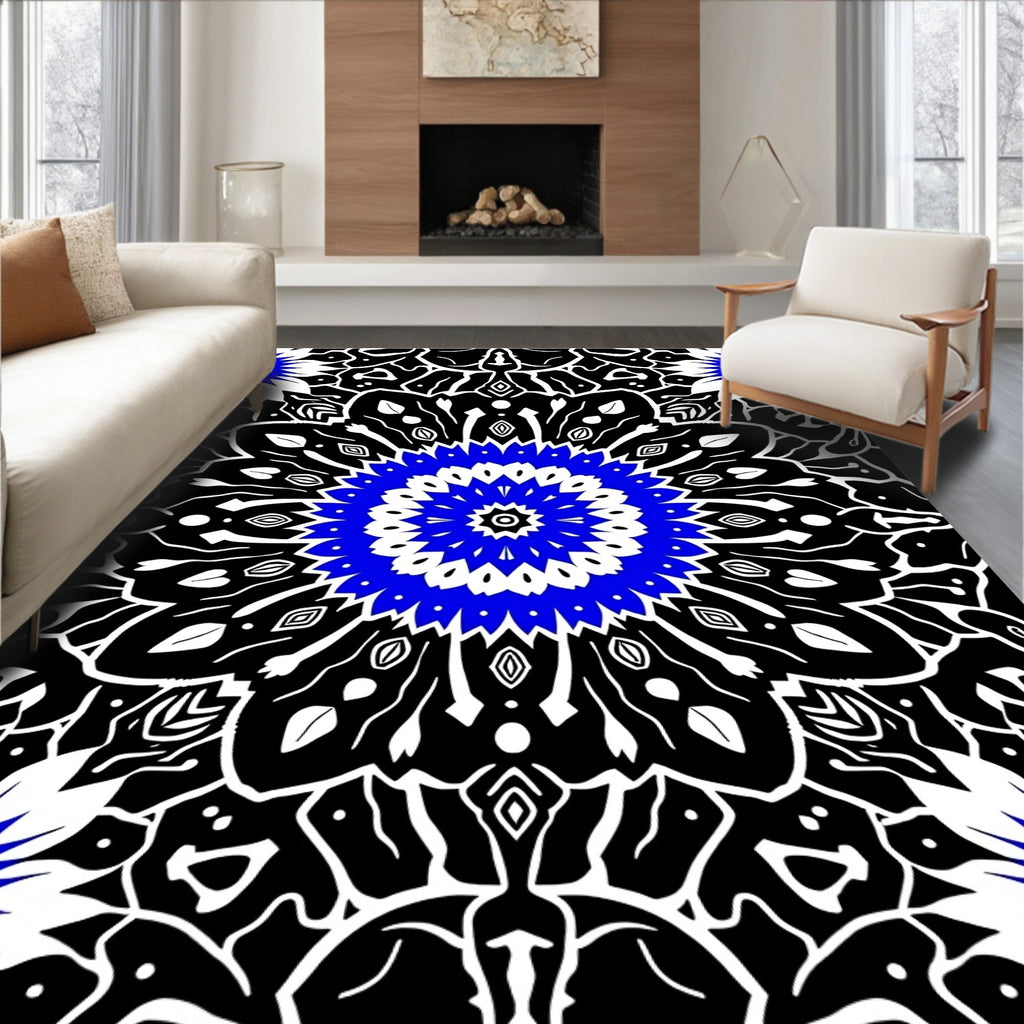 Bold Blue Black Mandalas Radial Rug