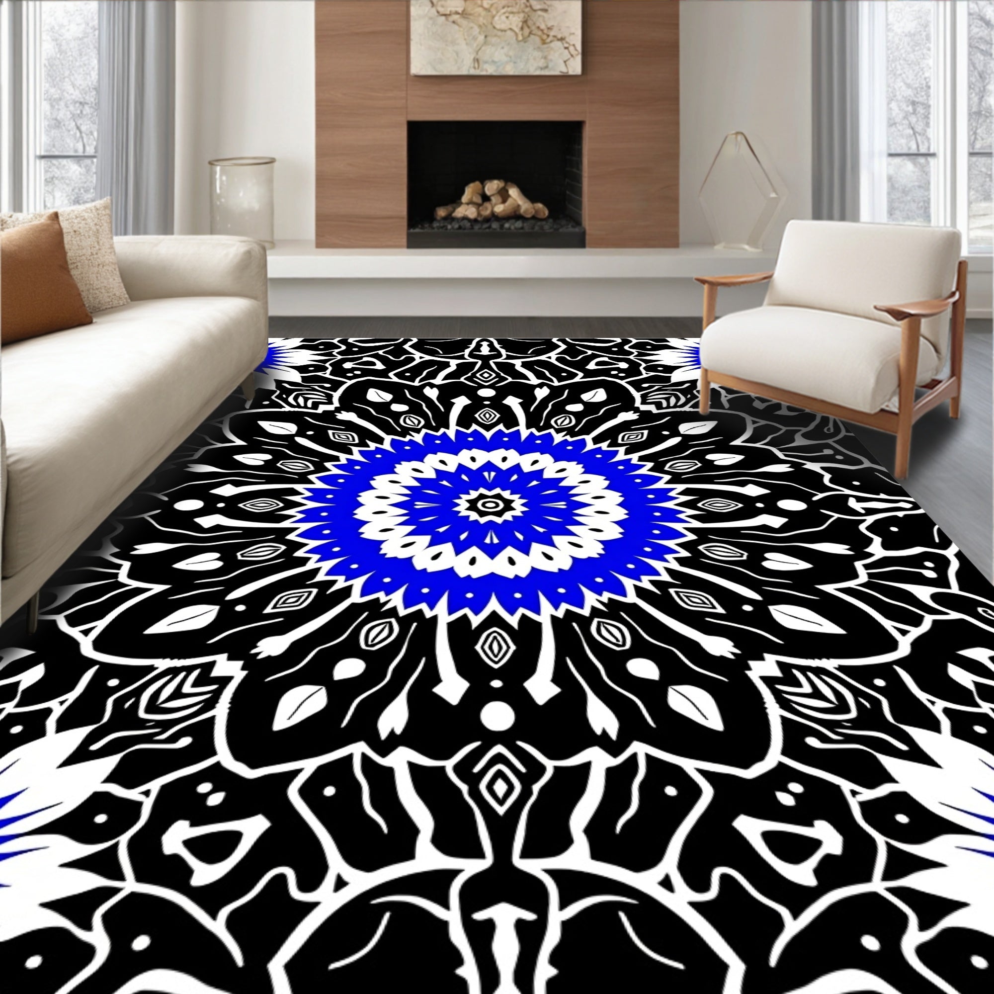 Bold Blue Black Mandalas Radial Rug